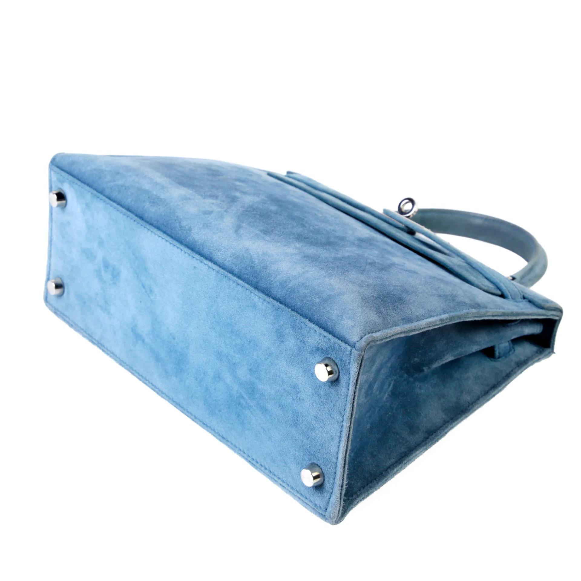 中古AB HERMÈS 愛馬仕 Kelly 25 外縫 7A 海藍色 Bleu Thalassa Doblis Suede 麂皮 銀扣 □D刻 2000年 - 5