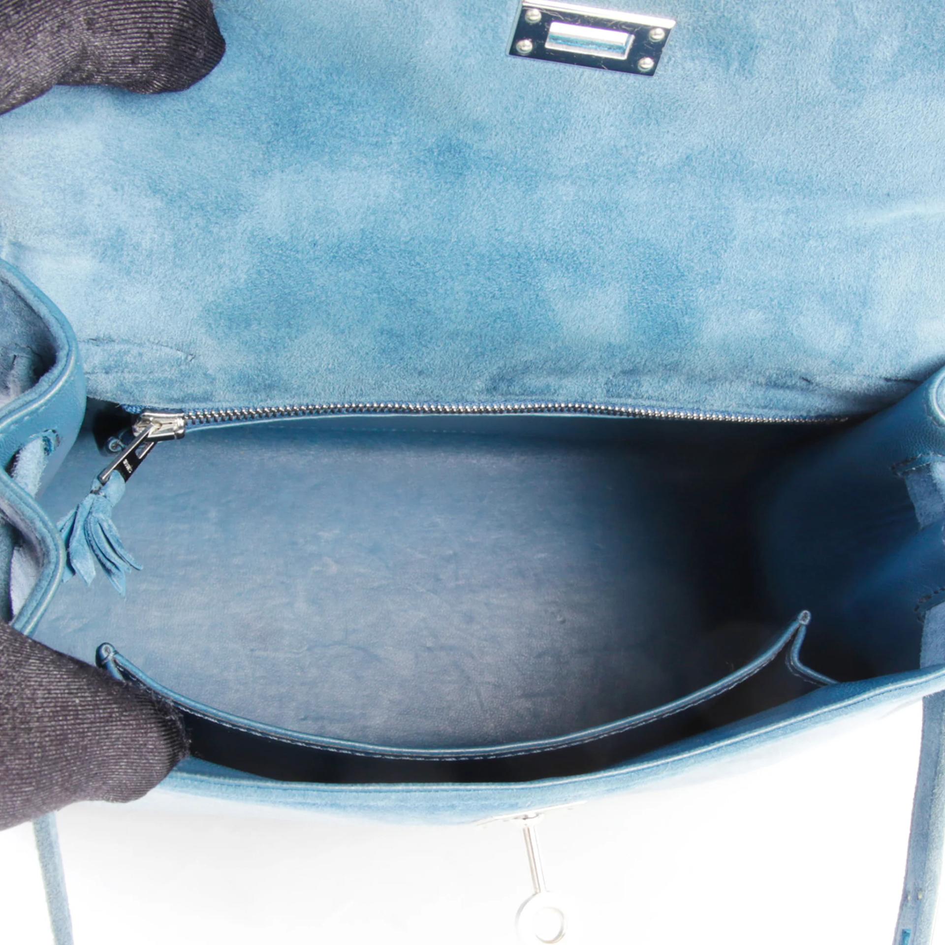 中古AB HERMÈS 愛馬仕 Kelly 25 外縫 7A 海藍色 Bleu Thalassa Doblis Suede 麂皮 銀扣 □D刻 2000年 - 11