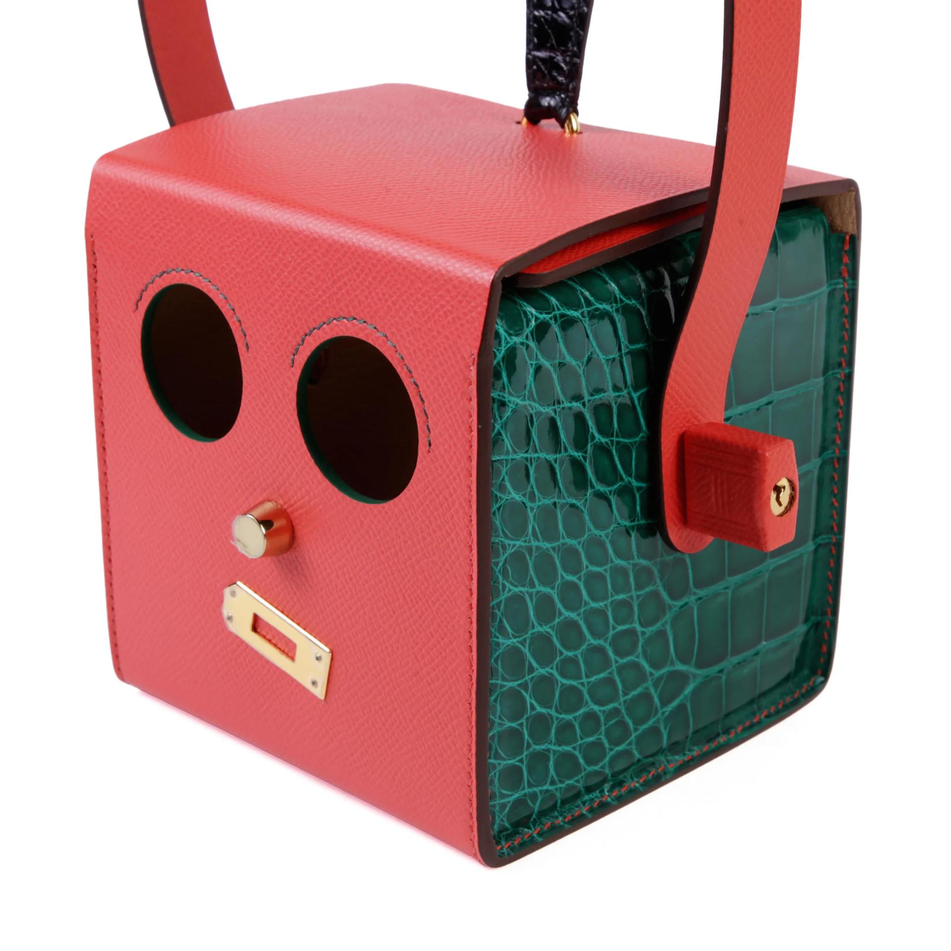 未使用保存品 HERMÈS 愛馬仕 限量收藏款 Robot Cube 迷你晚宴包 T5 蜜桃粉 Rose Jaipur 6Q 翡翠綠 Vert Emeraude 89 黑色 Noir (Black) □ 短吻鱷 亮面 Epsom牛皮 金扣 - 5