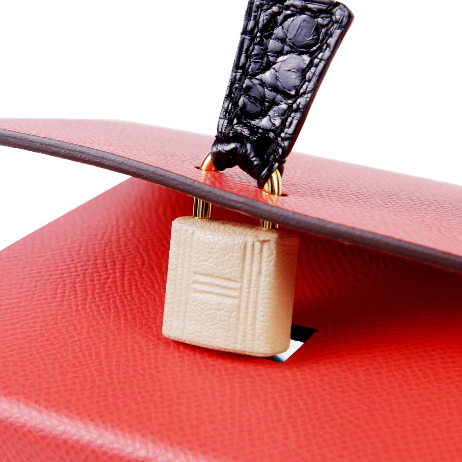 未使用保存品 HERMÈS 愛馬仕 限量收藏款 Robot Cube 迷你晚宴包 T5 蜜桃粉 Rose Jaipur 6Q 翡翠綠 Vert Emeraude 89 黑色 Noir (Black) □ 短吻鱷 亮面 Epsom牛皮 金扣 - 12