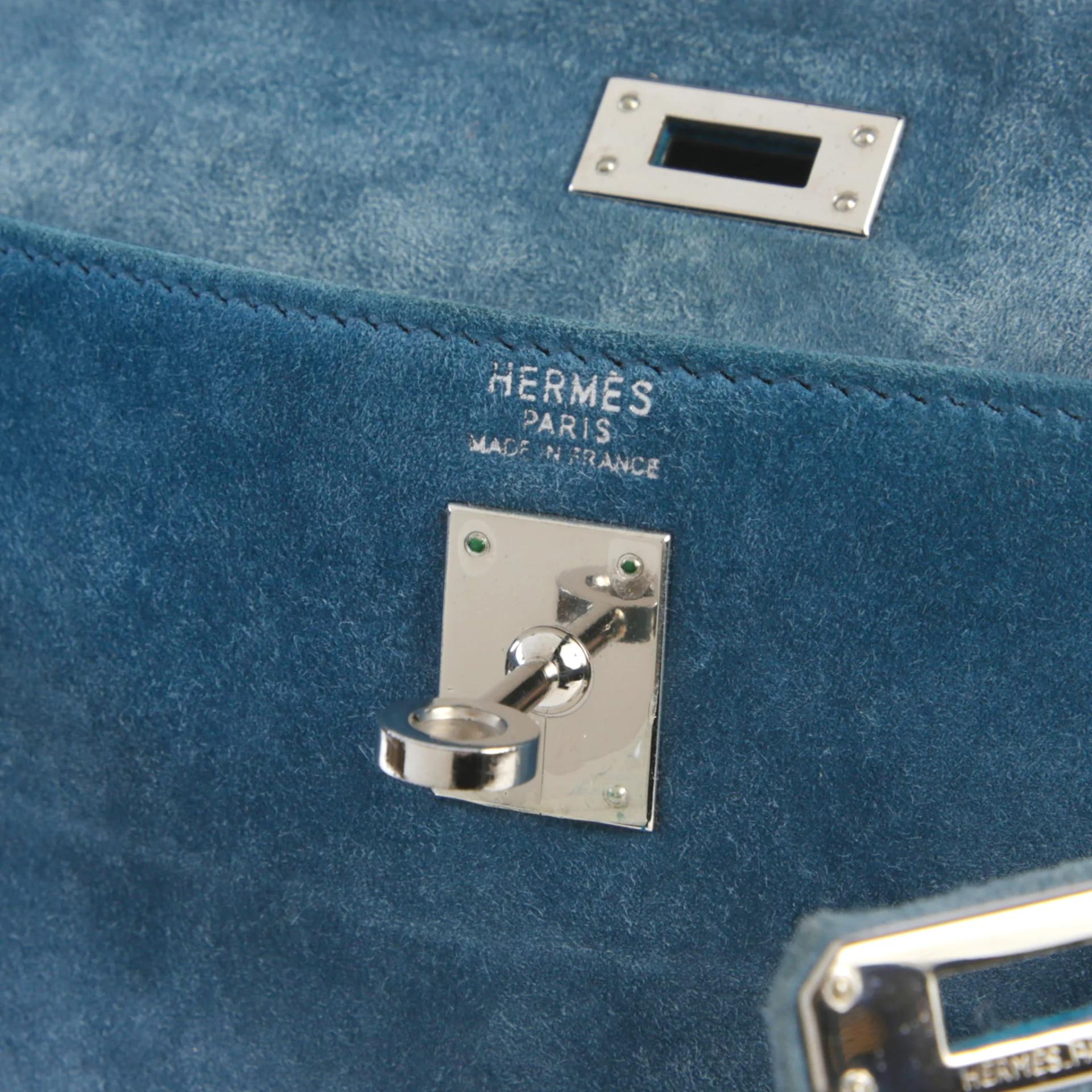 中古AB HERMÈS 愛馬仕 Kelly 25 外縫 7A 海藍色 Bleu Thalassa Doblis Suede 麂皮 銀扣 □D刻 2000年 - 9