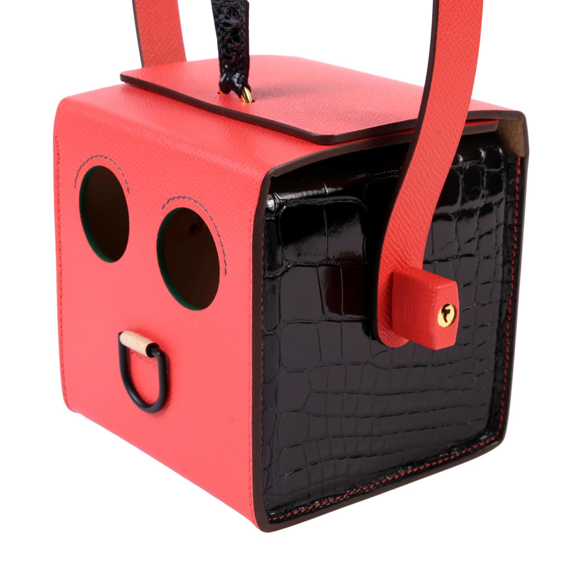 未使用保存品 HERMÈS 愛馬仕 限量收藏款 Robot Cube 迷你晚宴包 T5 蜜桃粉 Rose Jaipur 6Q 翡翠綠 Vert Emeraude 89 黑色 Noir (Black) □ 短吻鱷 亮面 Epsom牛皮 金扣 - 4