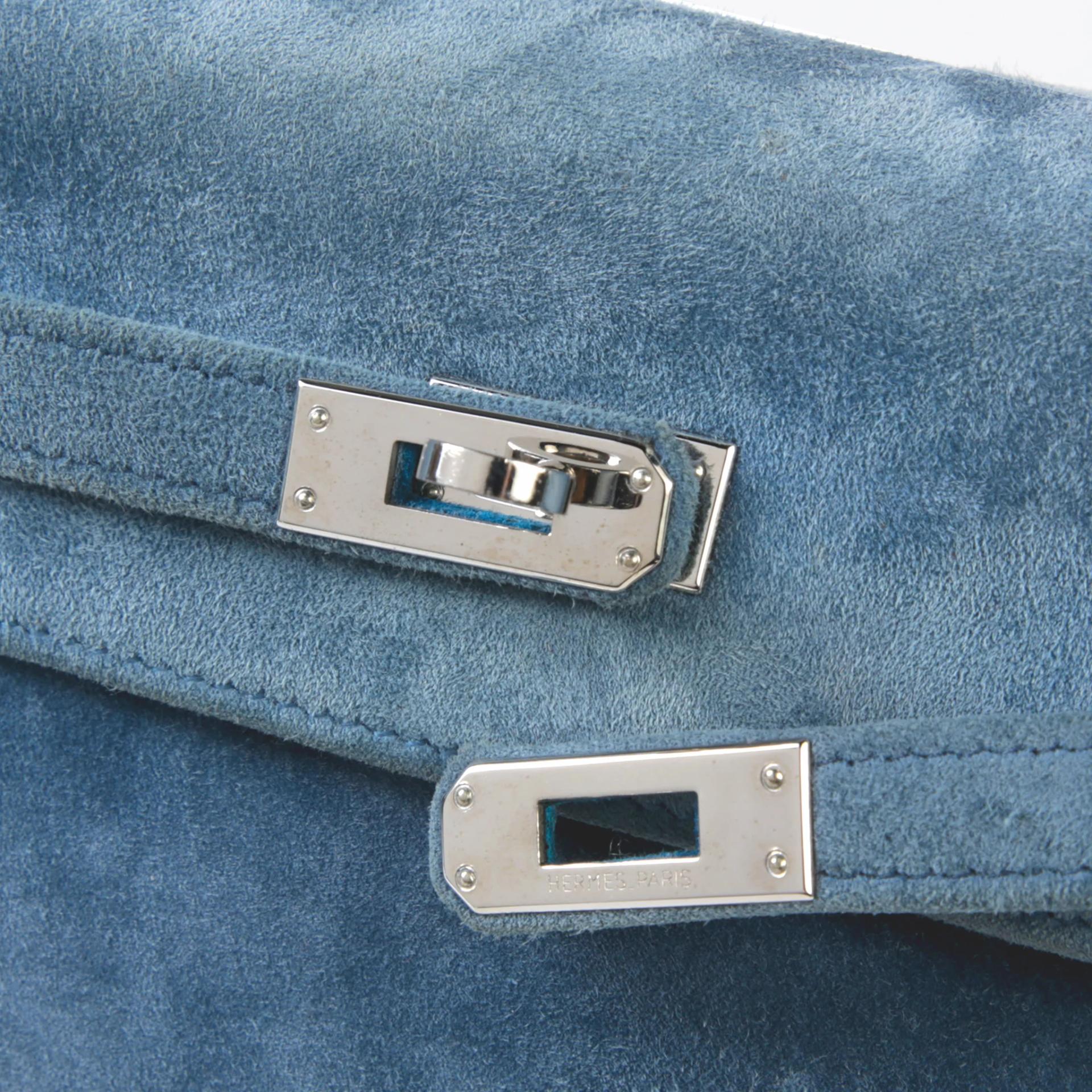 中古AB HERMÈS 愛馬仕 Kelly 25 外縫 7A 海藍色 Bleu Thalassa Doblis Suede 麂皮 銀扣 □D刻 2000年 - 8