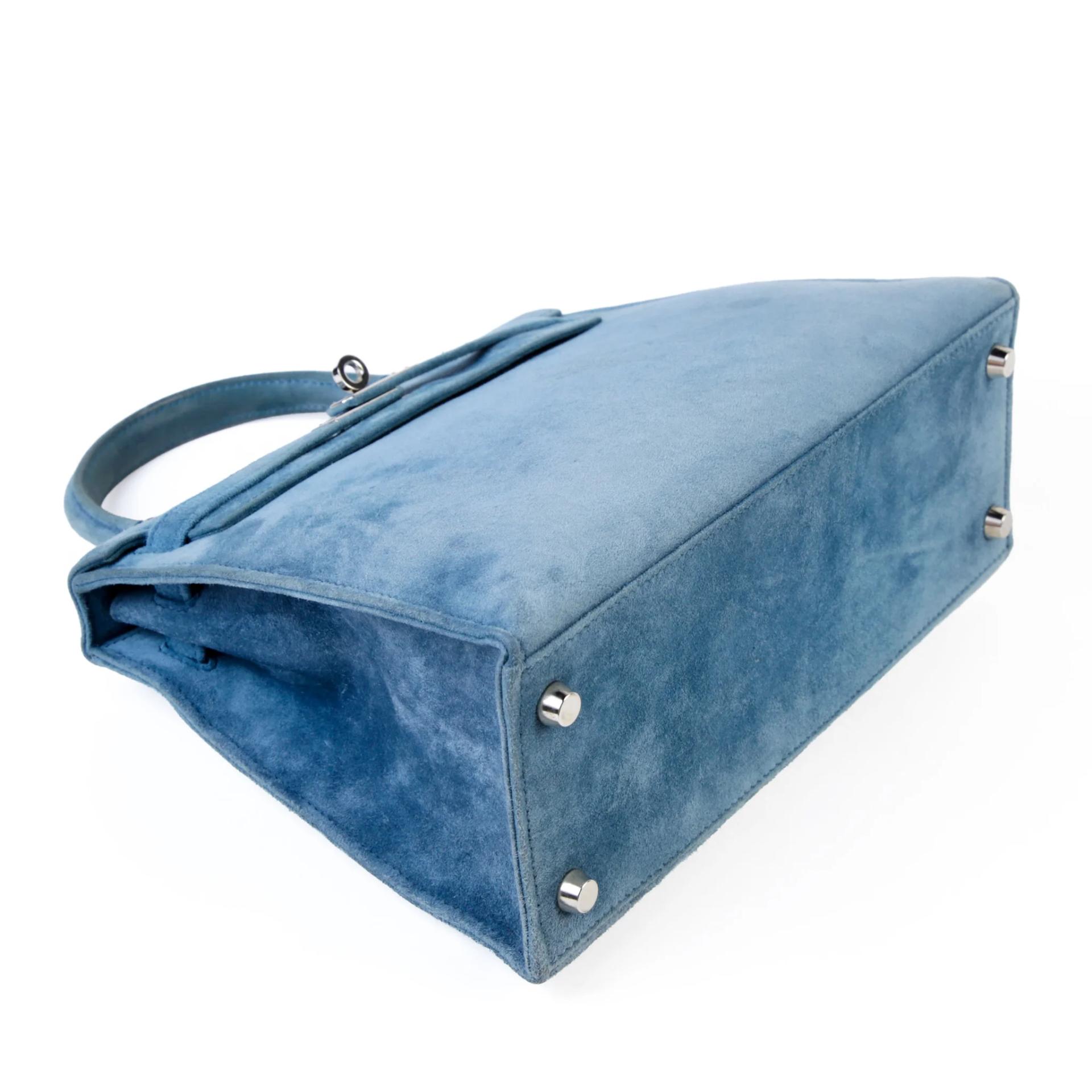 中古AB HERMÈS 愛馬仕 Kelly 25 外縫 7A 海藍色 Bleu Thalassa Doblis Suede 麂皮 銀扣 □D刻 2000年 - 4