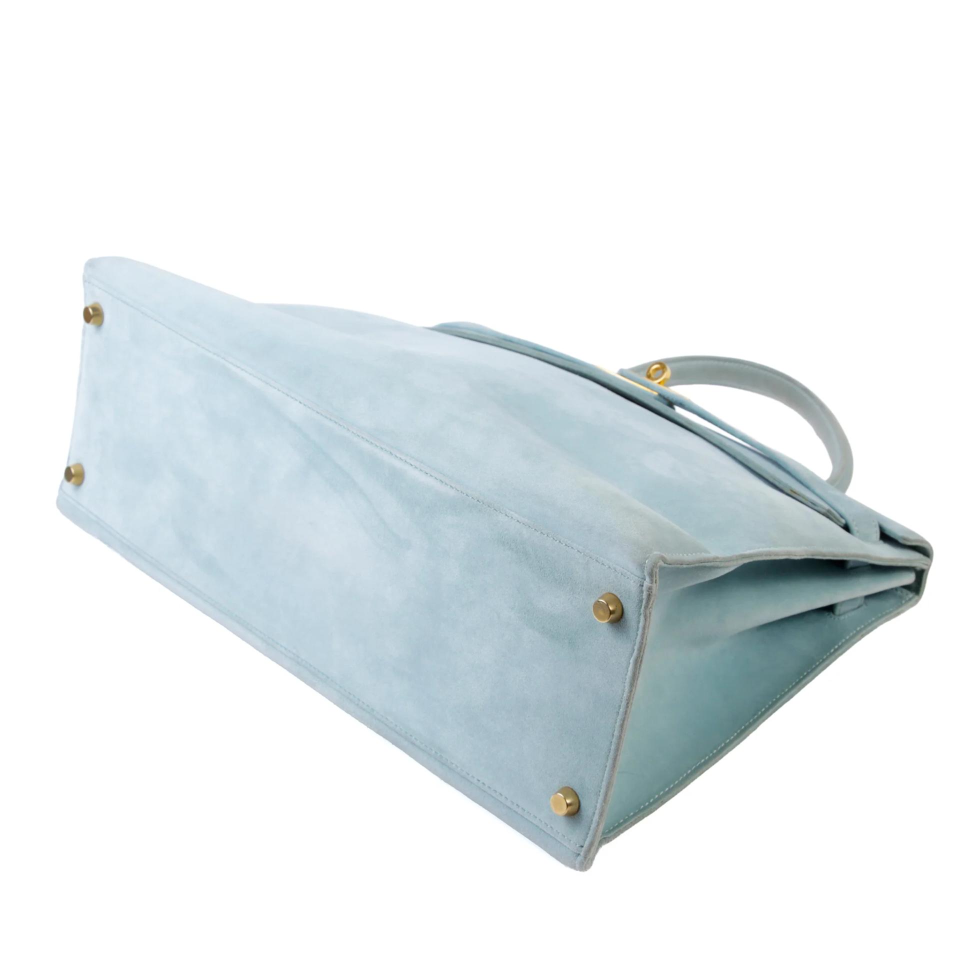 Good ( Rank AB) HERMÈS Kelly 35 Sellier Blue Doblis Suede Gold hardware Circle Y (1995) - 5
