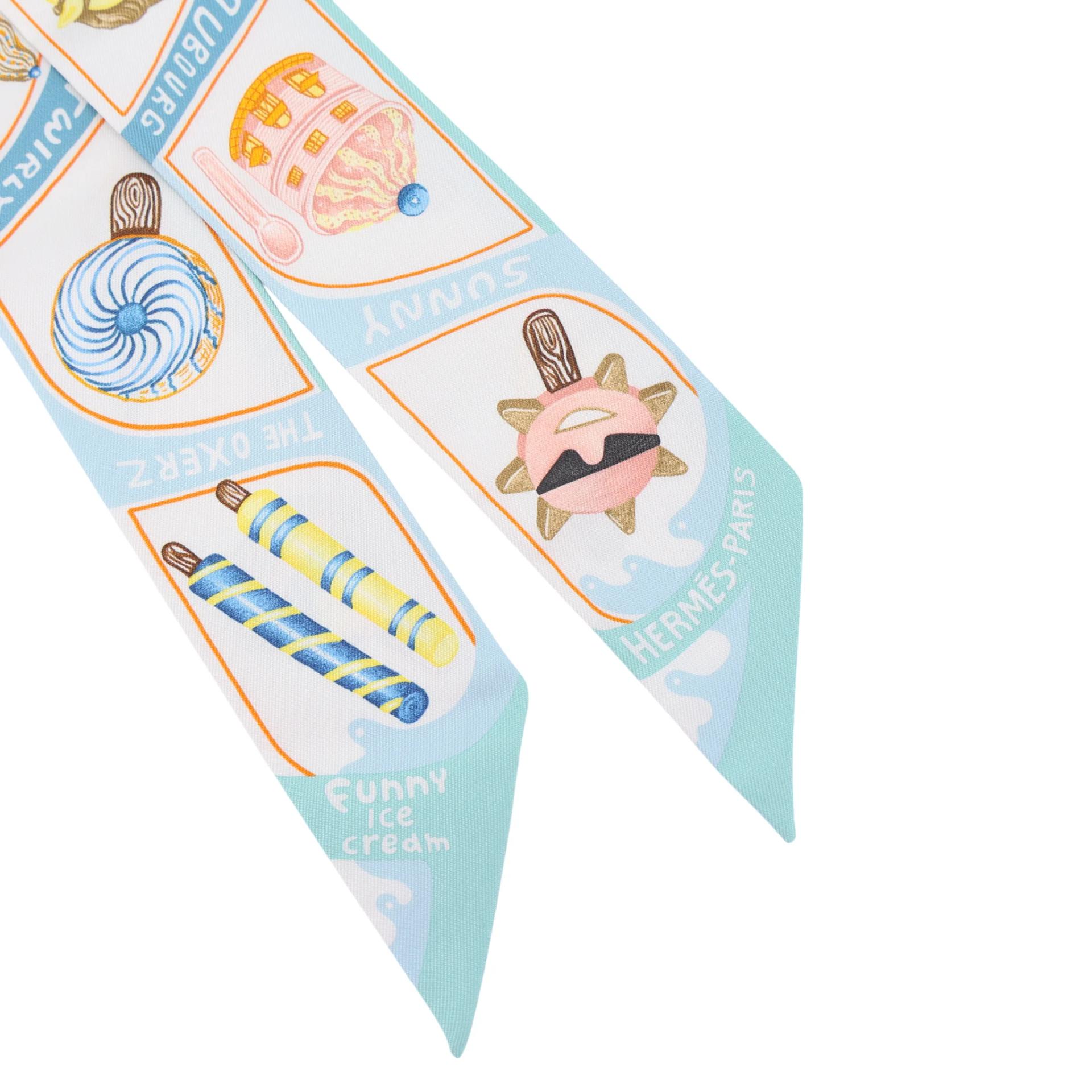 Brand New ( Rank N ) HERMÈS Twilly Funny Ice Cream Blue Silk - 3