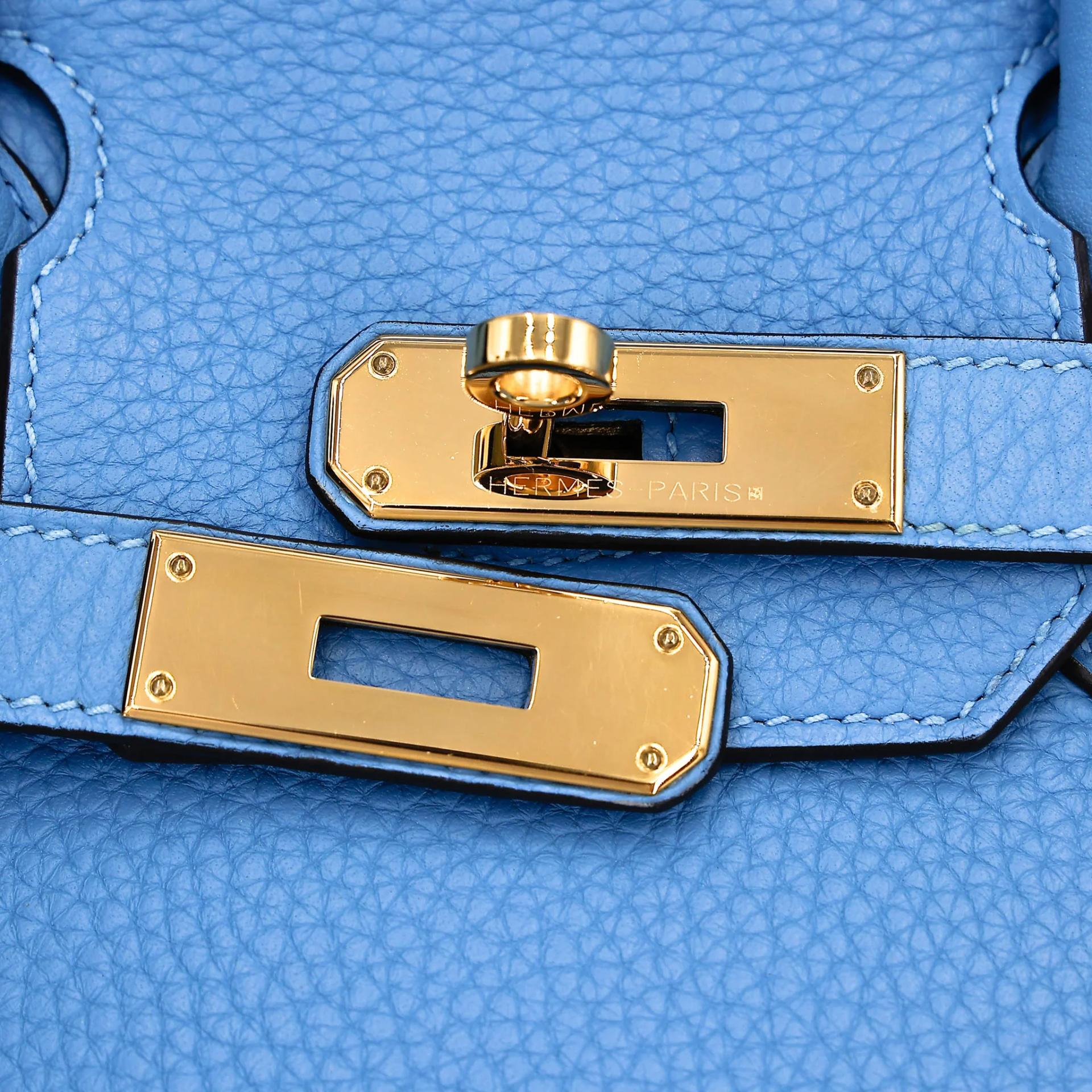 Very Good ( Rank A) HERMÈS Birkin 30 Bleu Paradis (2T) Clemence Gold hardware Square R (2014) - 13