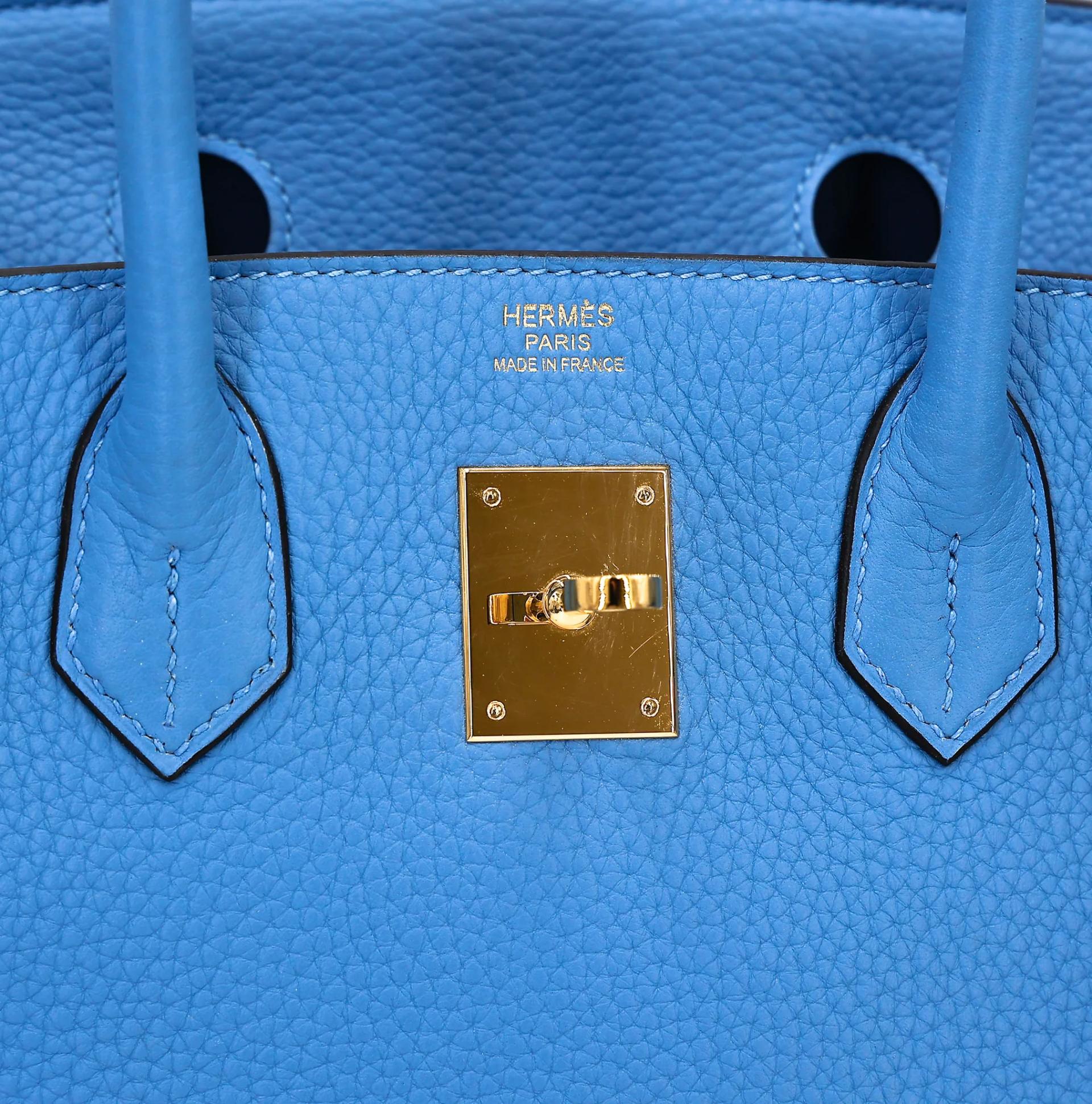 Very Good ( Rank A) HERMÈS Birkin 30 Bleu Paradis (2T) Clemence Gold hardware Square R (2014) - 16