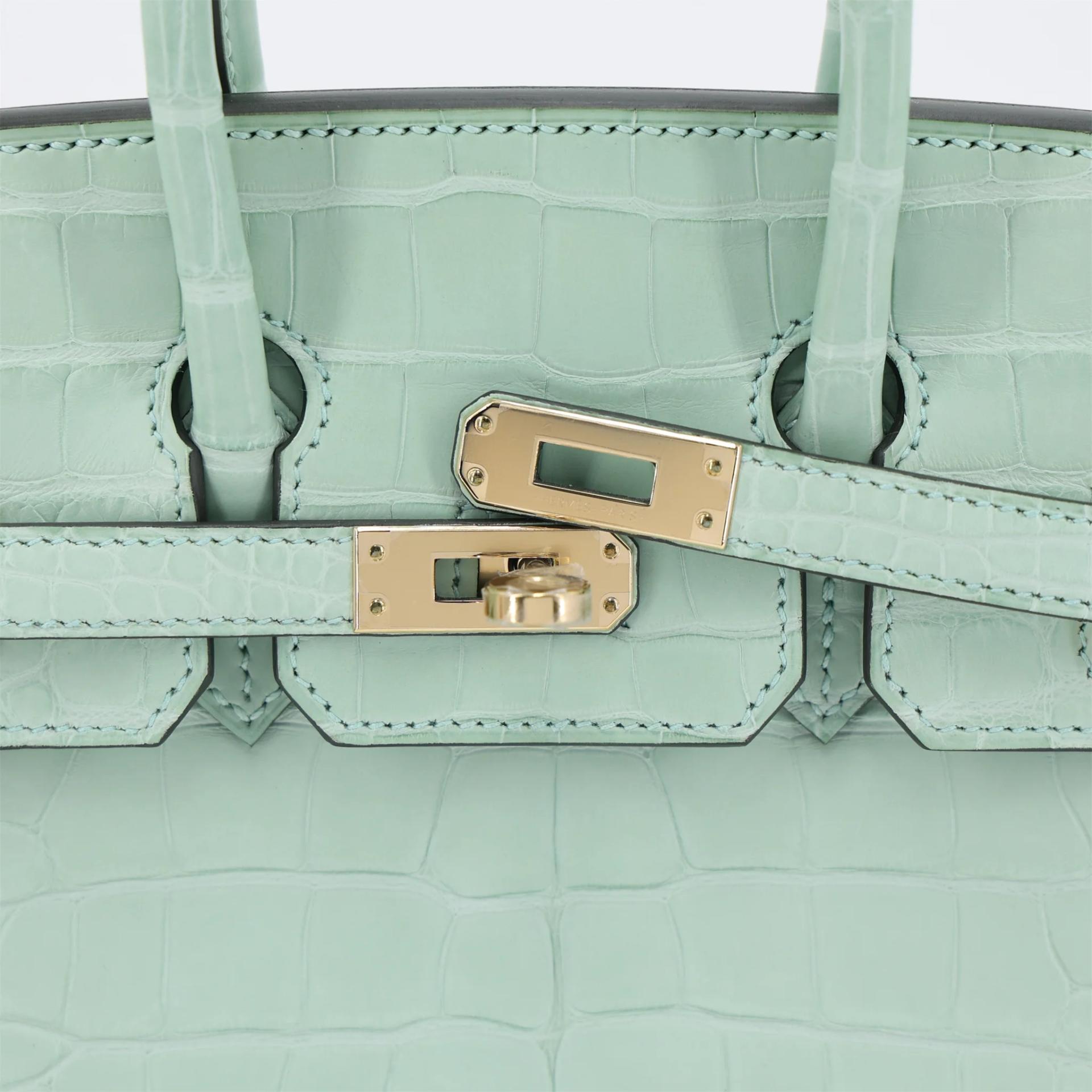 Excellent ( Rank SA ) HERMÈS Special Order Limited Edition Birkin 25 HSS Vert d’Eau (6U) Gris Perle (80) Matte Alligator Gold hardware B (2023) - 8