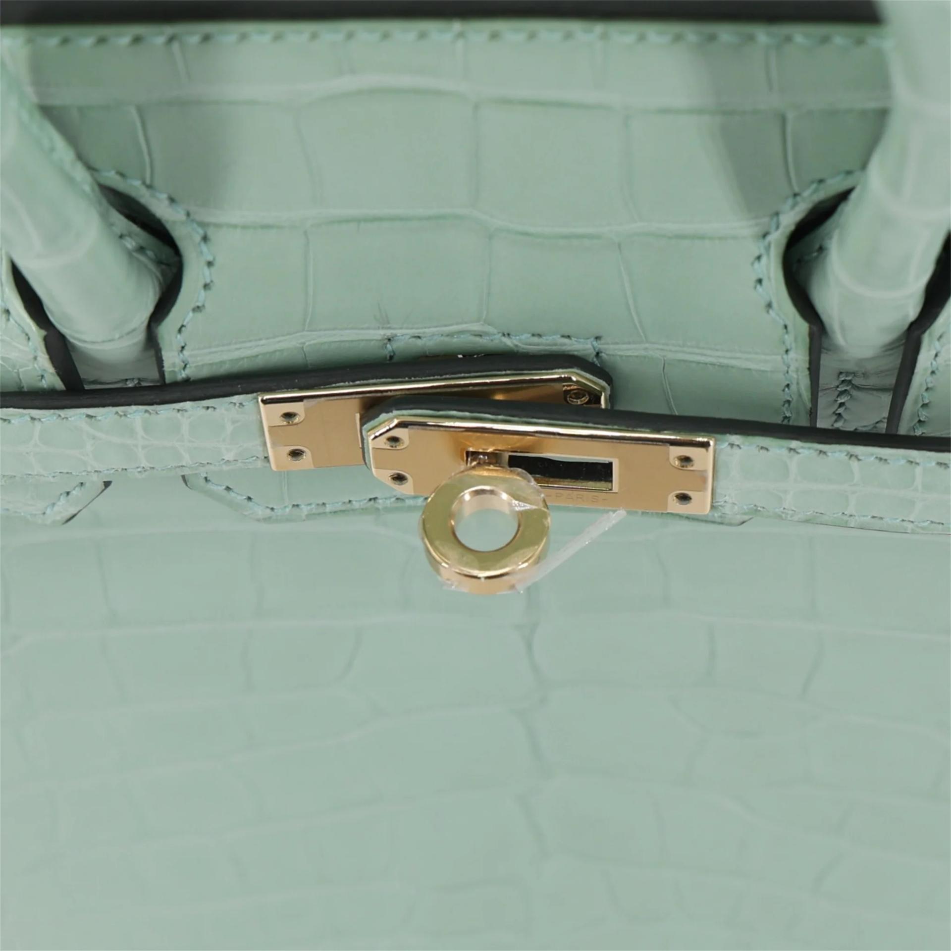 Excellent ( Rank SA ) HERMÈS Special Order Limited Edition Birkin 25 HSS Vert d’Eau (6U) Gris Perle (80) Matte Alligator Gold hardware B (2023) - 9