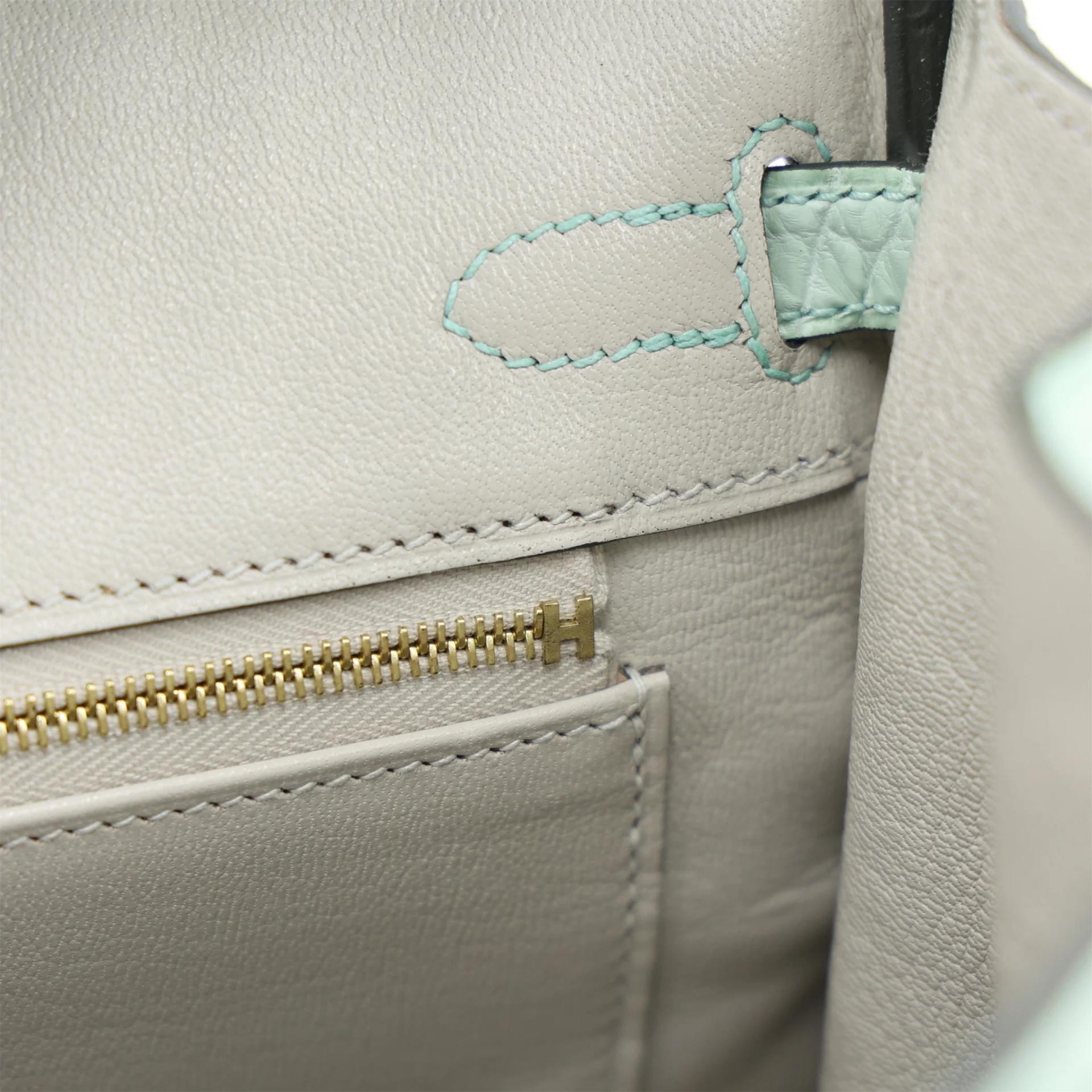 Excellent ( Rank SA ) HERMÈS Special Order Limited Edition Birkin 25 HSS Vert d’Eau (6U) Gris Perle (80) Matte Alligator Gold hardware B (2023) - 15