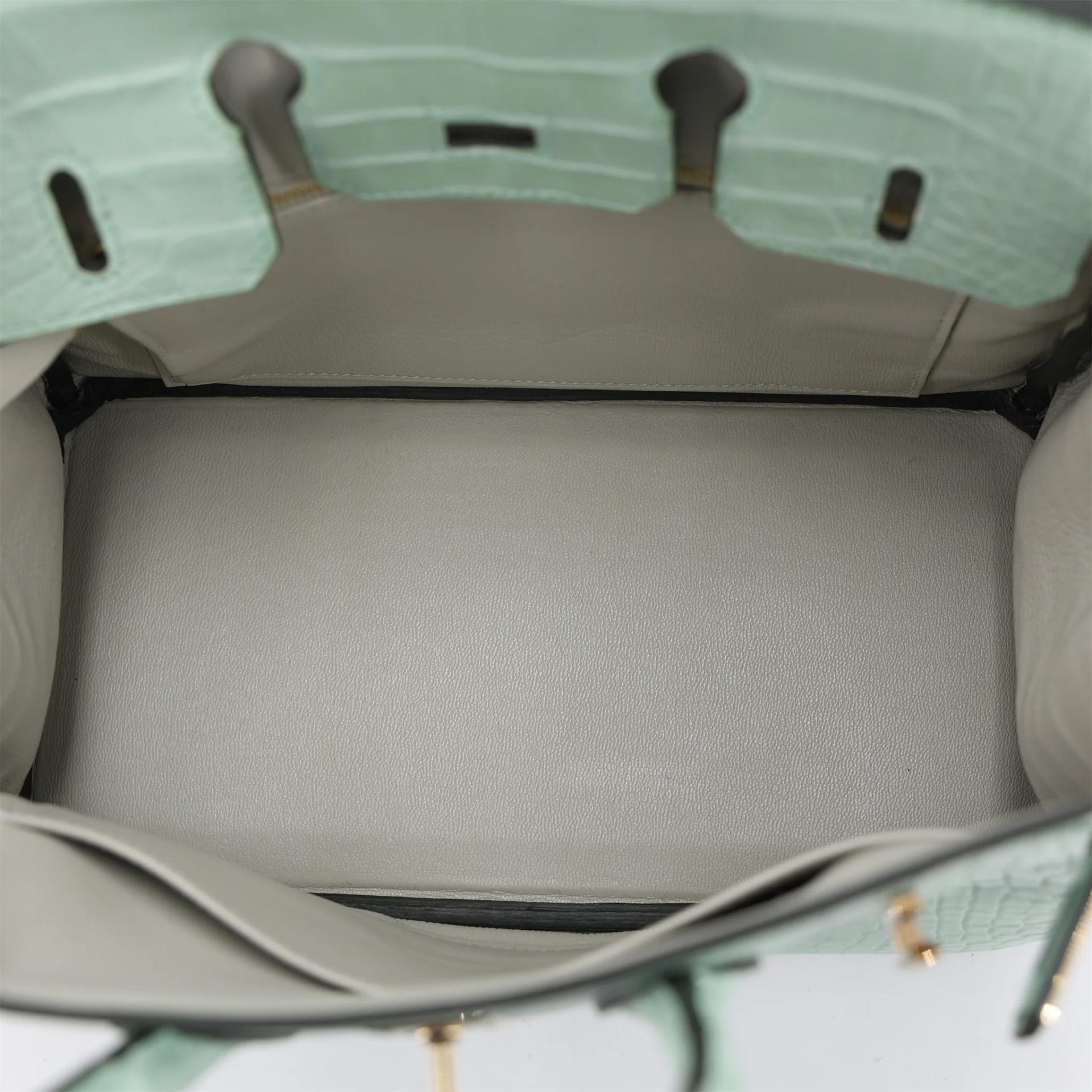 Excellent ( Rank SA ) HERMÈS Special Order Limited Edition Birkin 25 HSS Vert d’Eau (6U) Gris Perle (80) Matte Alligator Gold hardware B (2023) - 11