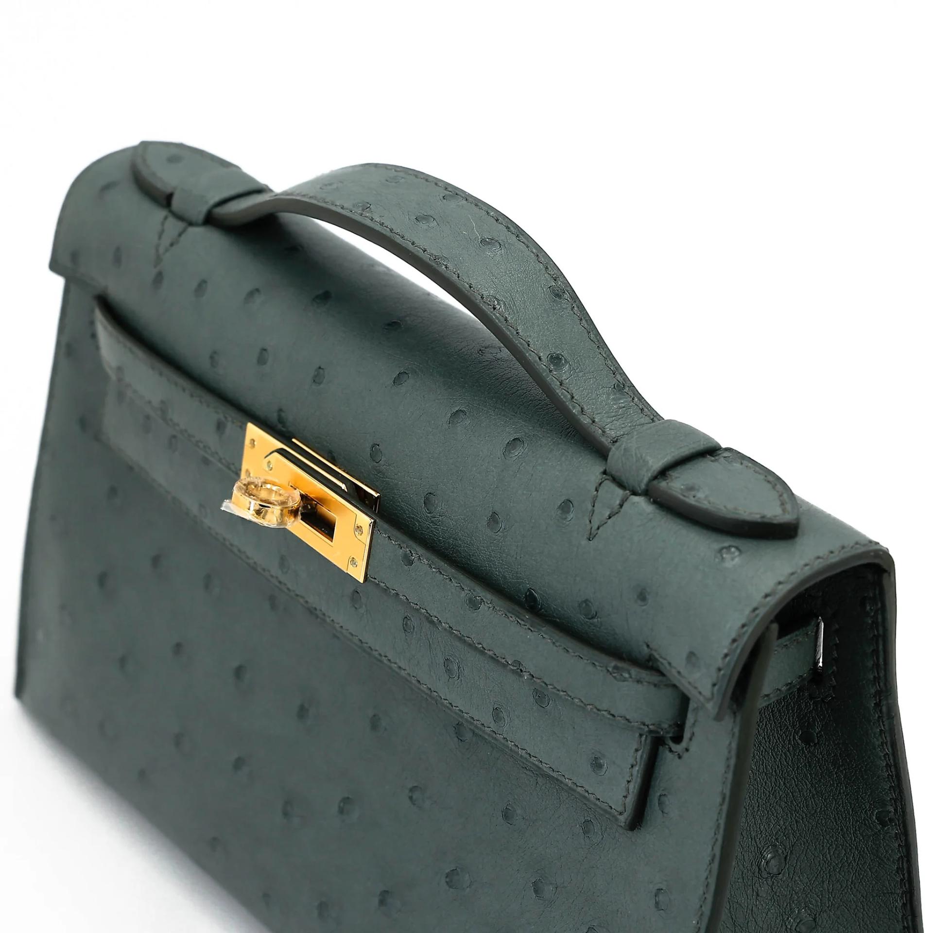 ランク NS 未使用品 HERMÈS エルメス ポシェットケリー ヴェール アマンド (63) オーストリッチ ゴールド金具 B刻印 (2023) - 3