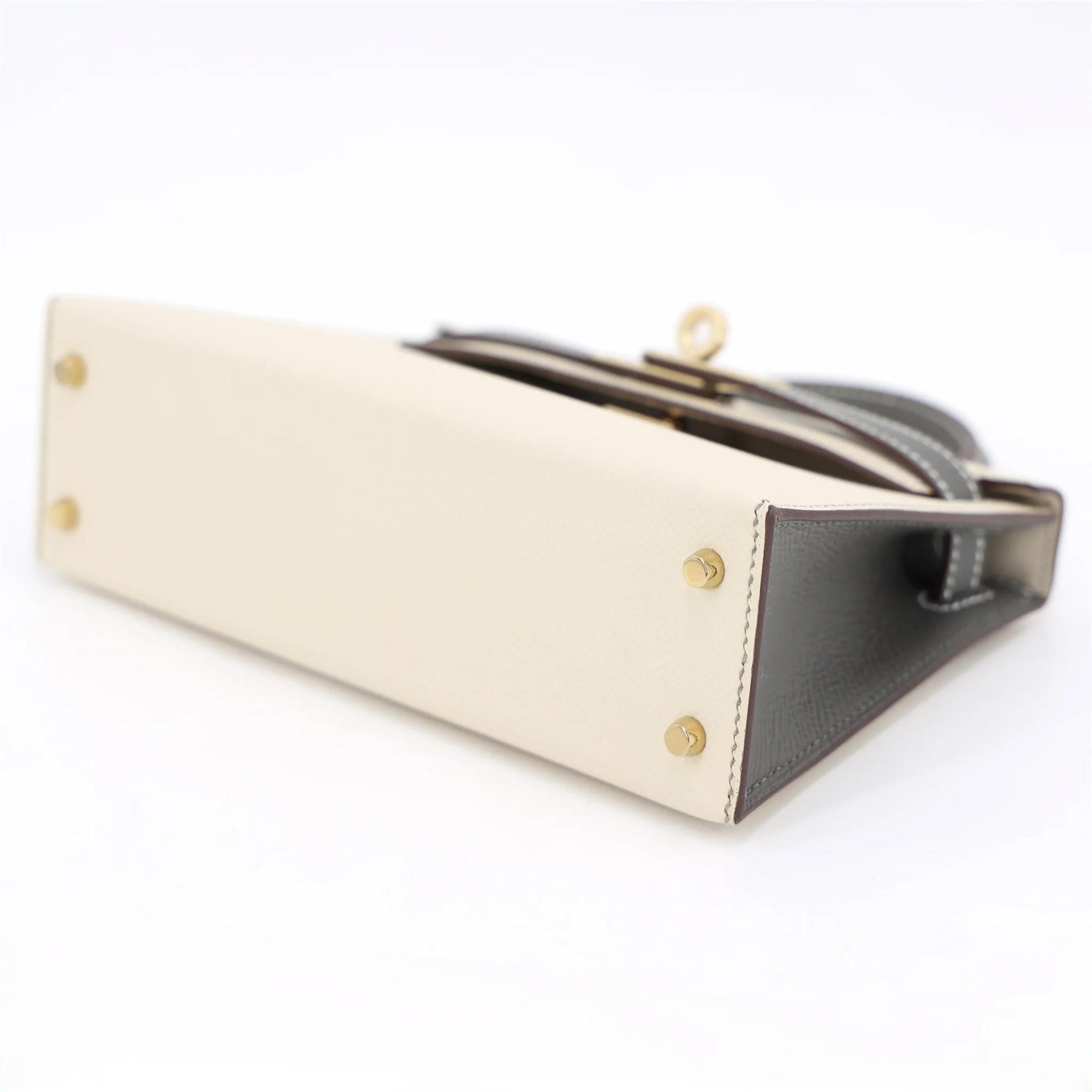 Brand New ( Rank N ) HERMÈS Special Order Mini Kelly II HSS Craie (10) Gris Meyer (0L) Epsom Permabrass hardware K (2025) - 5