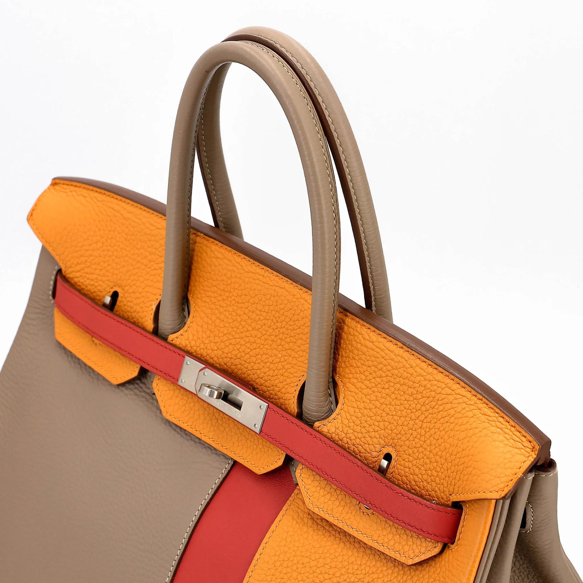 Very Good ( Rank A) HERMÈS Limited Edition Birkin 35 Casaque Gris Tourterelle (81) Sanguine (9M) Moutarde (9U) Clemence Swift Brushed Palladium Square Q (2013) - 3