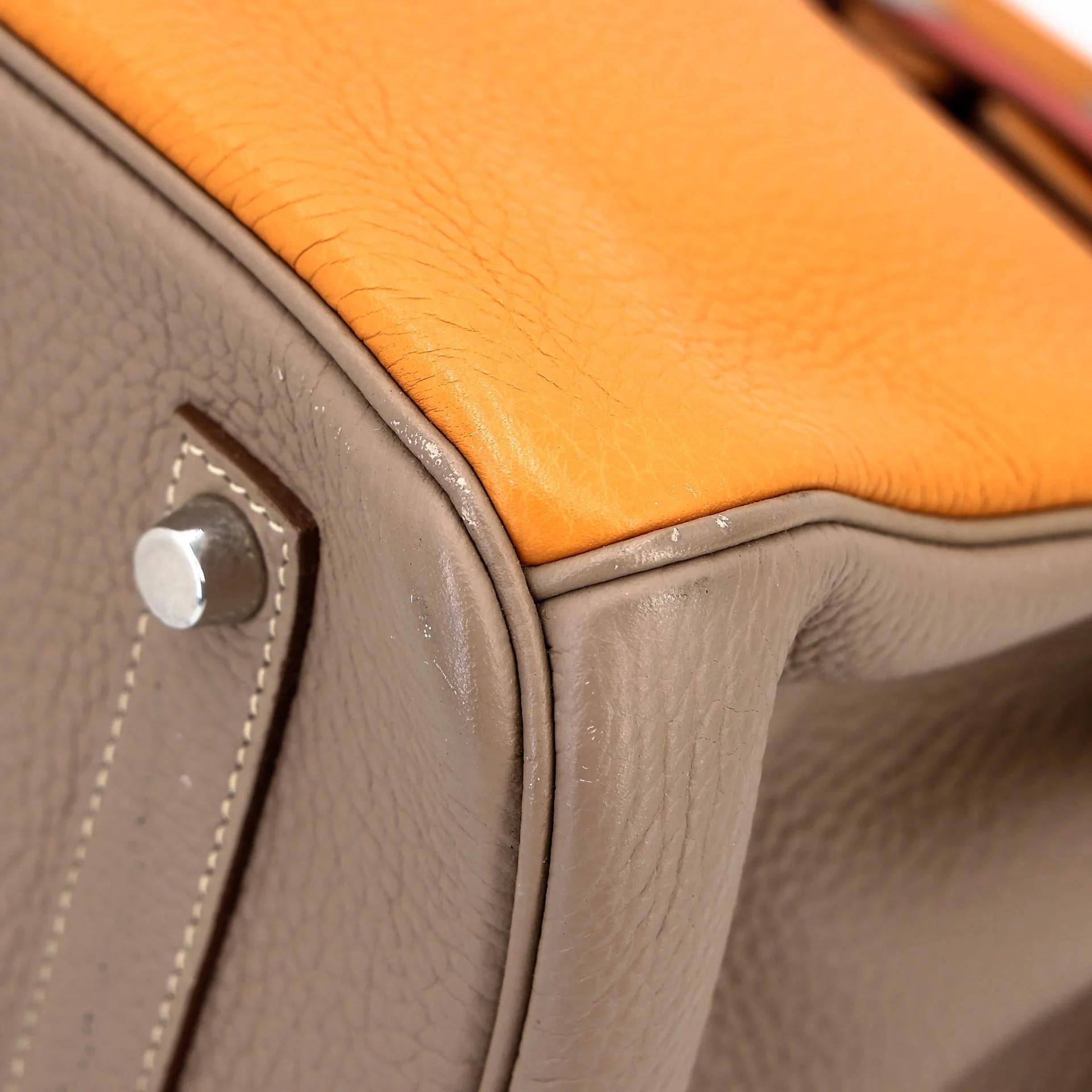 Very Good ( Rank A) HERMÈS Limited Edition Birkin 35 Casaque Gris Tourterelle (81) Sanguine (9M) Moutarde (9U) Clemence Swift Brushed Palladium Square Q (2013) - 13