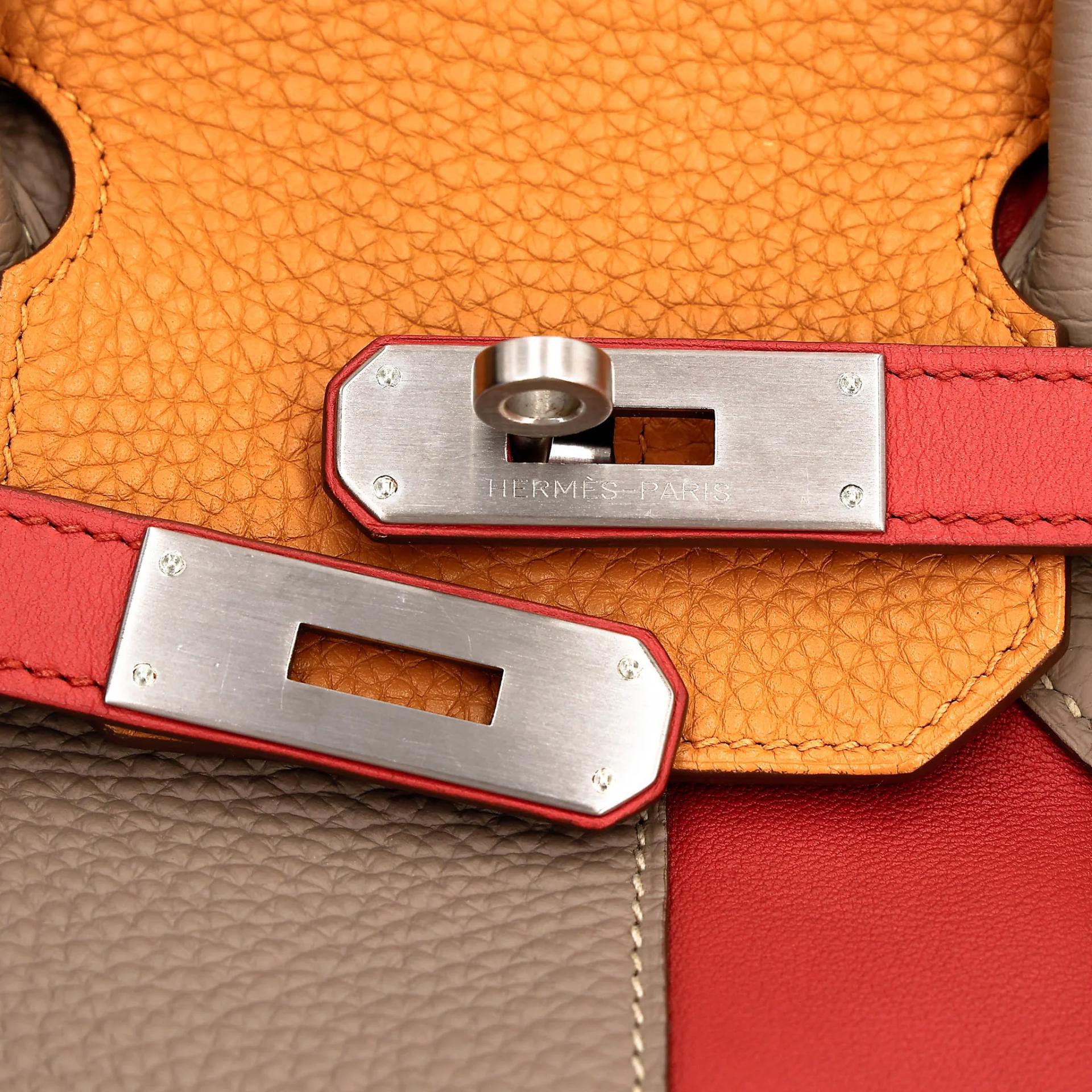 Very Good ( Rank A) HERMÈS Limited Edition Birkin 35 Casaque Gris Tourterelle (81) Sanguine (9M) Moutarde (9U) Clemence Swift Brushed Palladium Square Q (2013) - 19