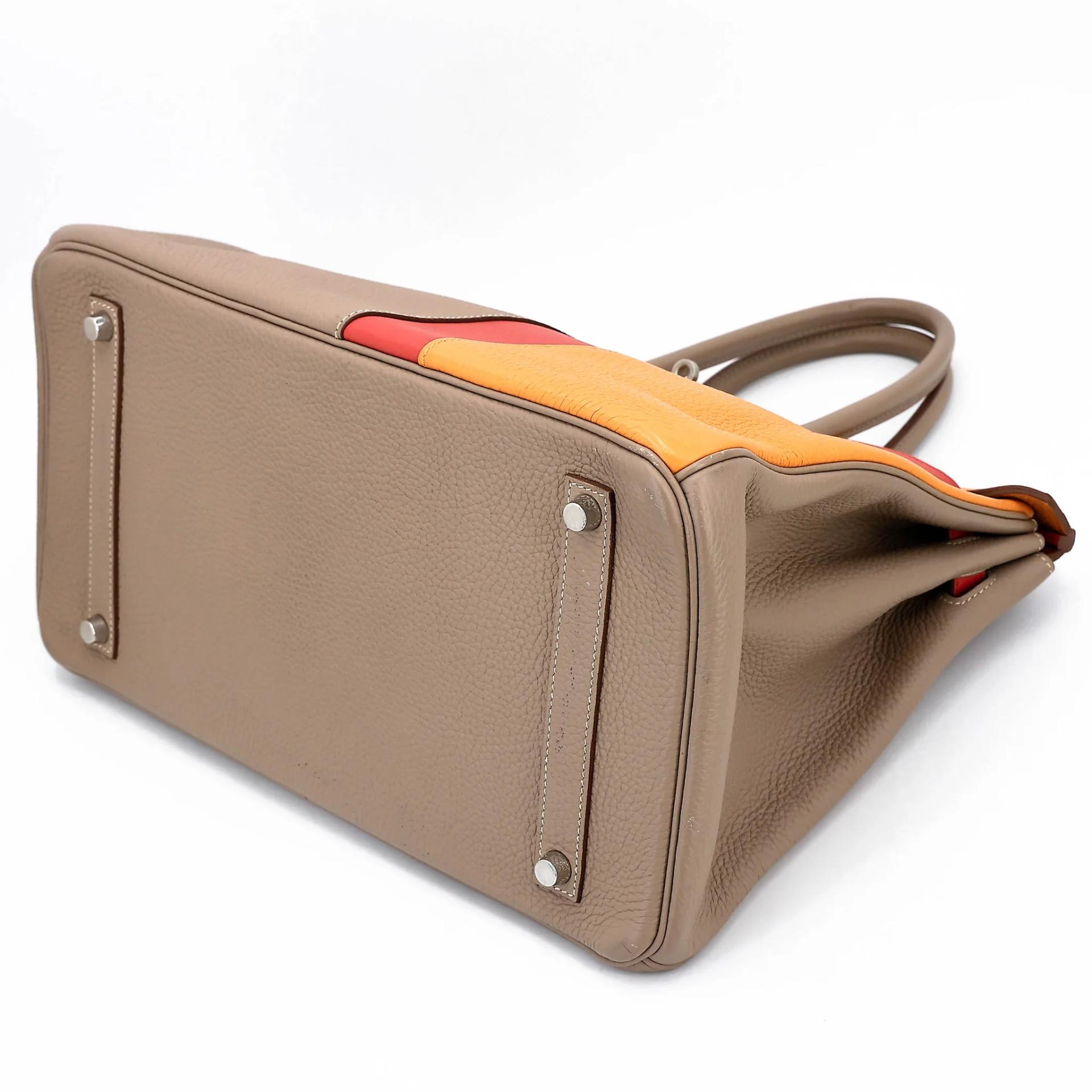 Very Good ( Rank A) HERMÈS Limited Edition Birkin 35 Casaque Gris Tourterelle (81) Sanguine (9M) Moutarde (9U) Clemence Swift Brushed Palladium Square Q (2013) - 4