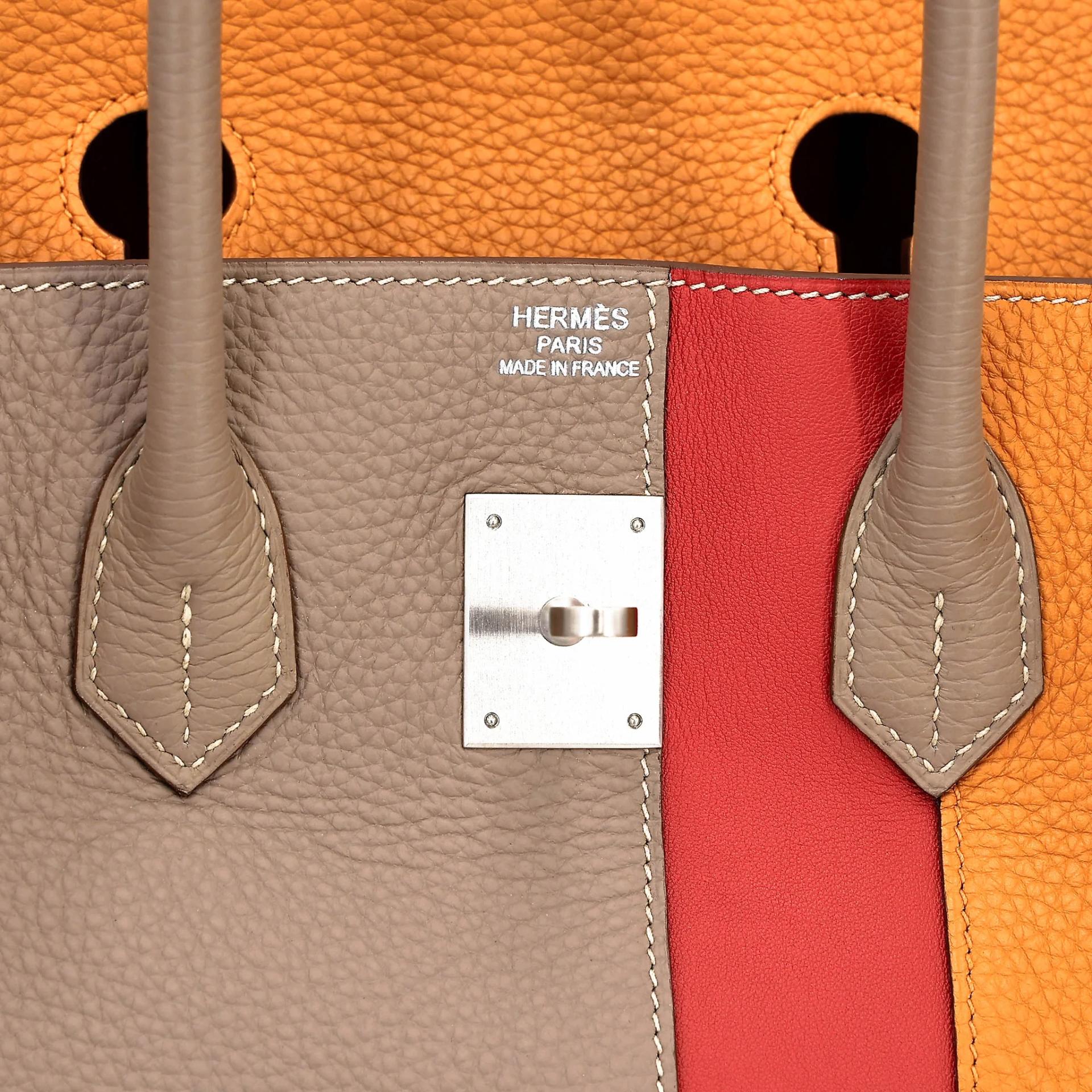 Very Good ( Rank A) HERMÈS Limited Edition Birkin 35 Casaque Gris Tourterelle (81) Sanguine (9M) Moutarde (9U) Clemence Swift Brushed Palladium Square Q (2013) - 23