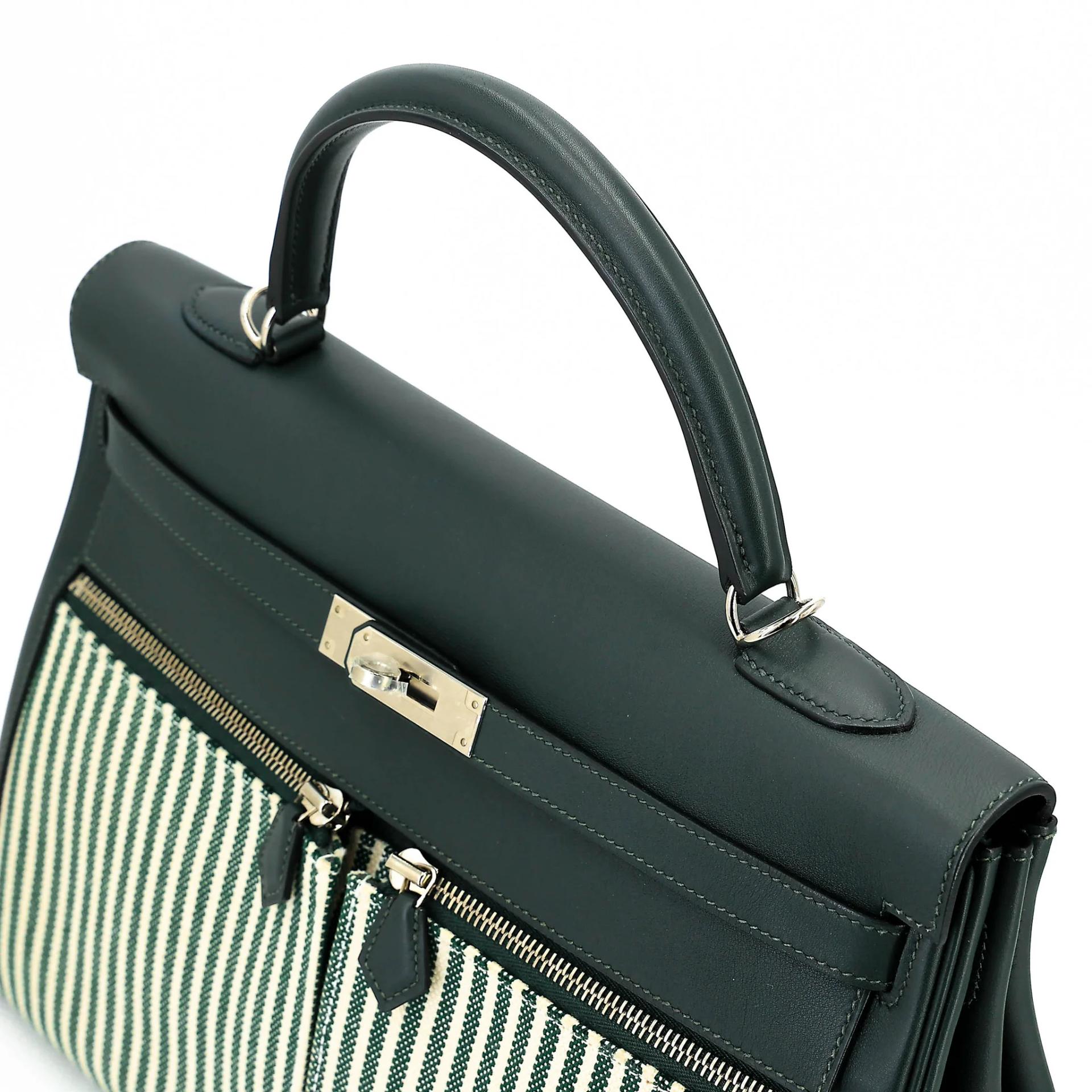 SA超美品 HERMÈS 愛馬仕 Kelly Lakis 35 2Q 英國綠 Vert Anglais Toile H 帆布 Swift牛皮 銀扣 X刻 2016年 - 3
