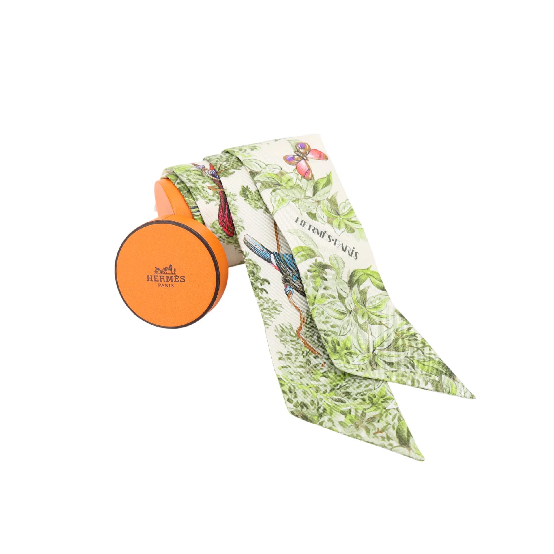 全新 HERMÈS 爱马仕 Twilly 丝带  Equateur 绿色 白色 真丝 - 3