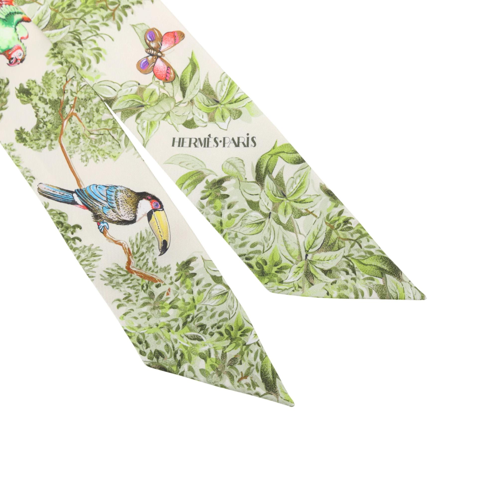 全新 HERMÈS 爱马仕 Twilly 丝带  Equateur 绿色 白色 真丝 - 4