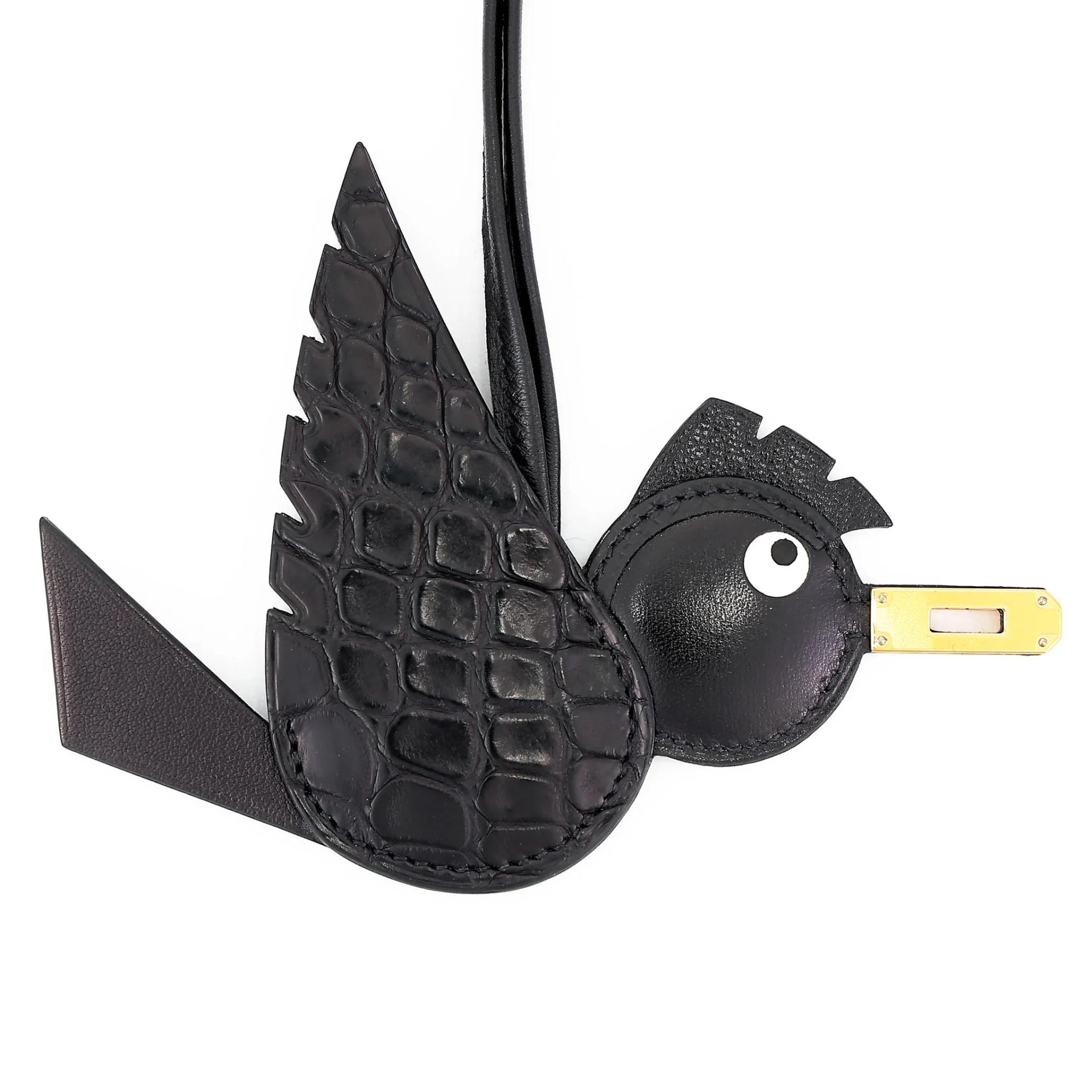 Excellent ( Rank SA ) HERMÈS Birdy charm Noir (89) White (01) Matte Alligator Box-calf Chevre Gold hardware B (2023) - 5