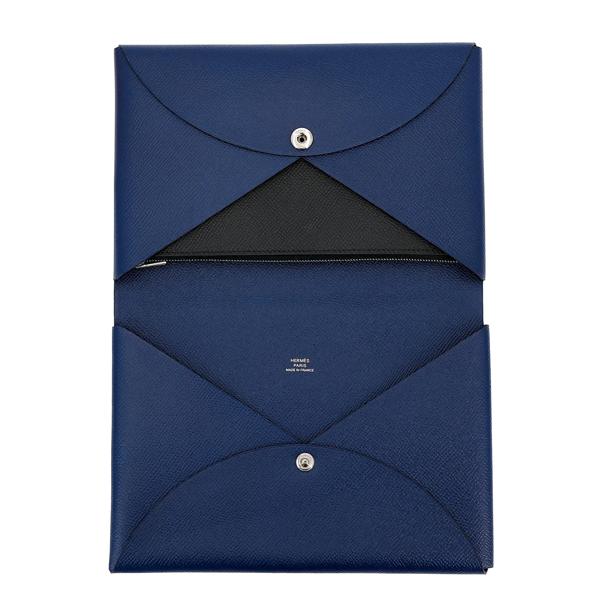 Brand New ( Rank N ) HERMÈS Calvi Pouch GM Bleu Saphir (73) Noir (89) Epsom Palladium hardware - 7