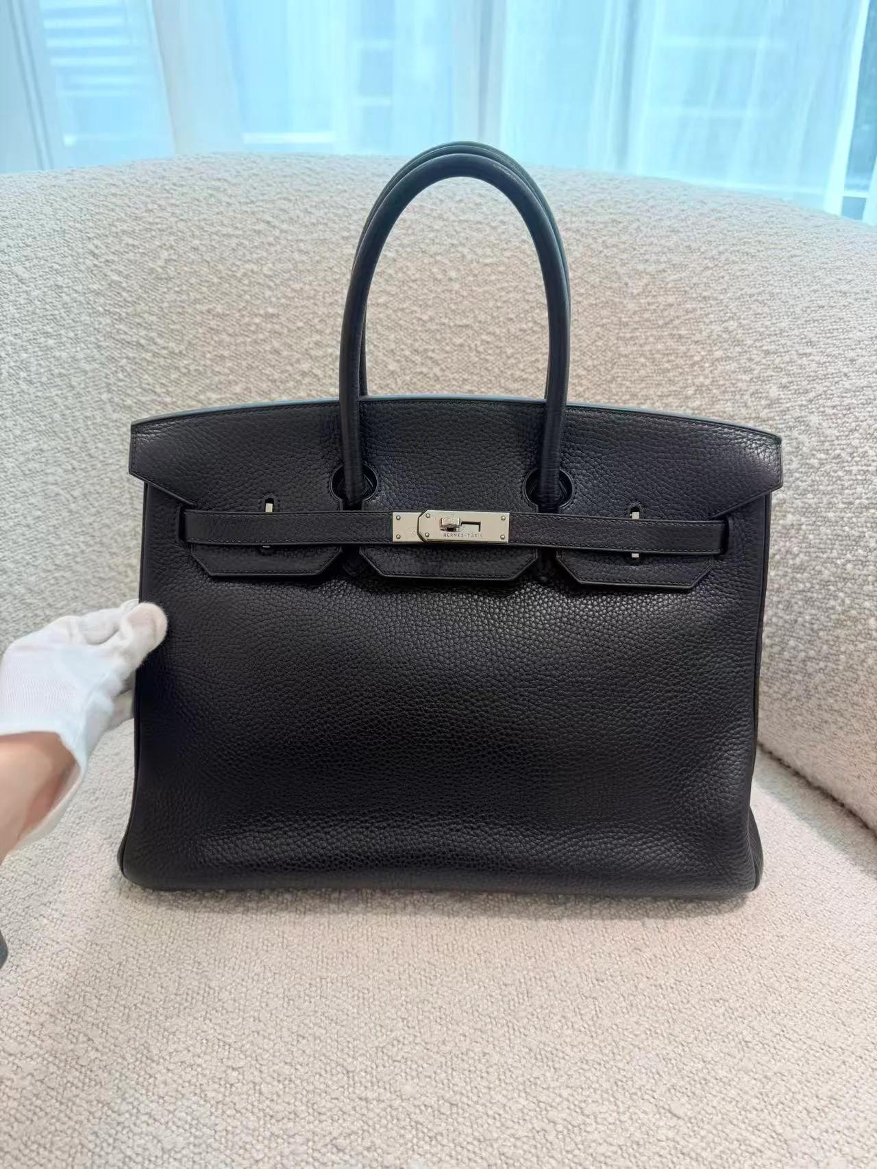 Good ( Rank AB) HERMÈS Birkin 35 Noir (89) Clemence Palladium hardware Square I (2005) - 6
