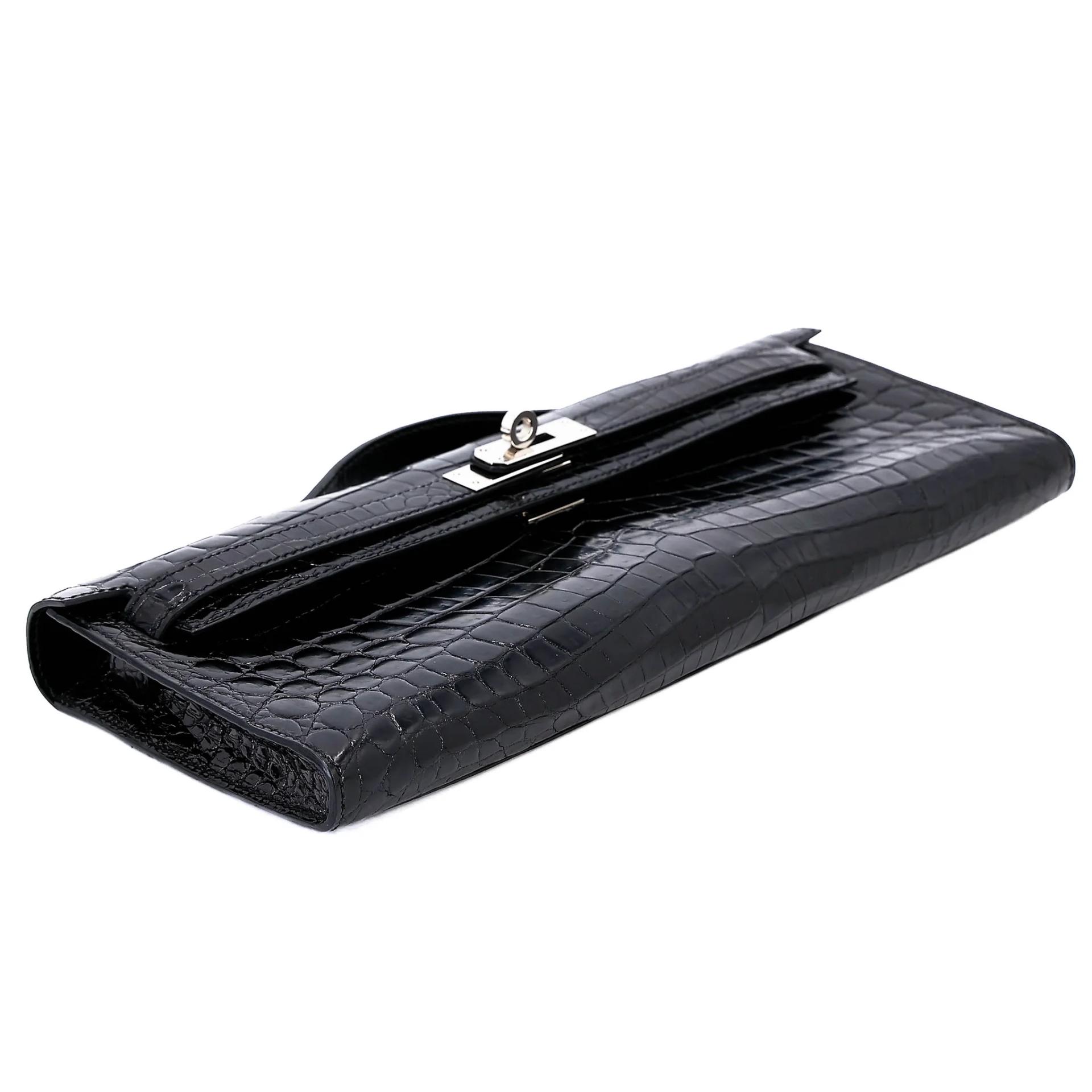 Very Good ( Rank A) HERMÈS Kelly Cut Noir (89) Shiny Niloticus Crocodile Palladium hardware Square P (2012) - 5