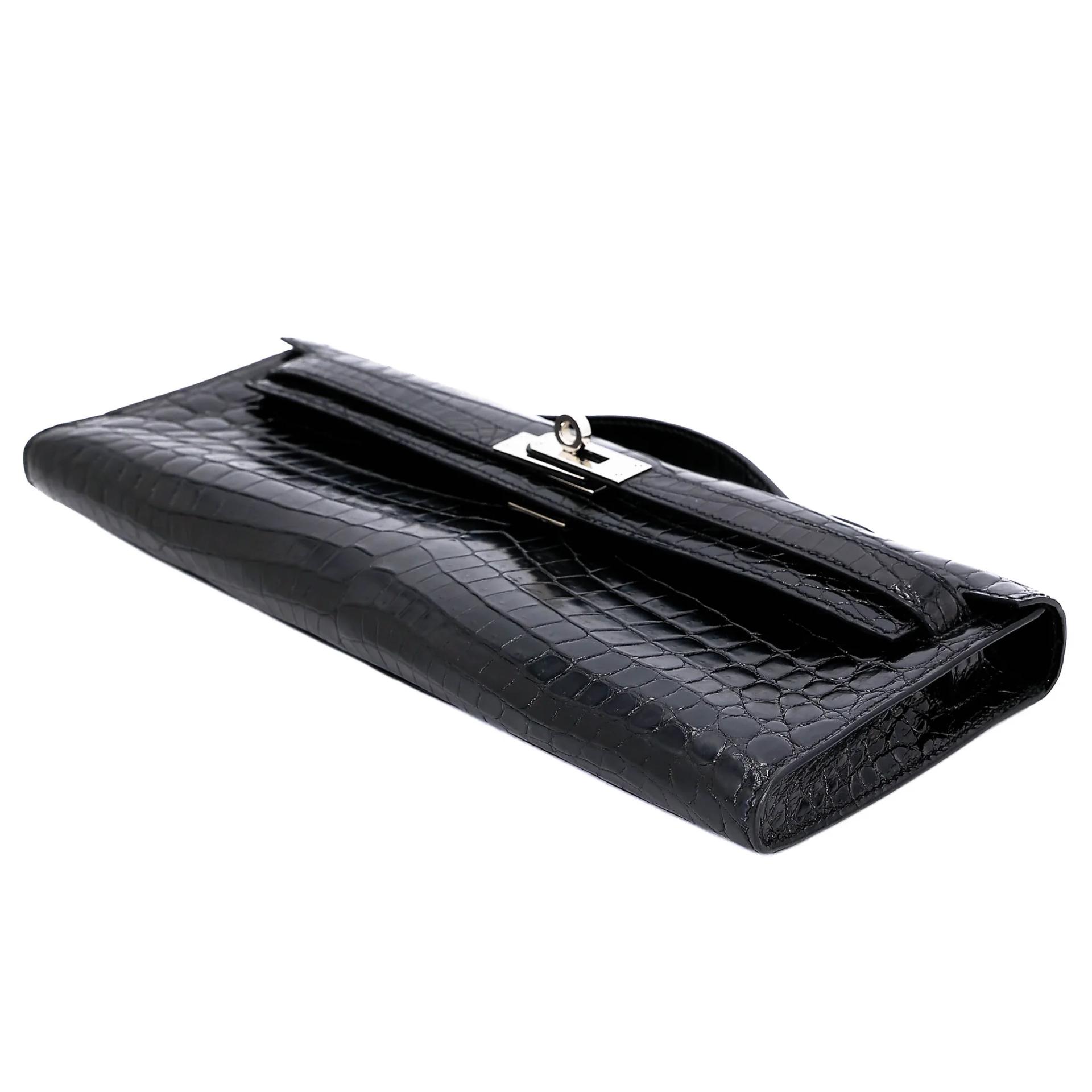 Very Good ( Rank A) HERMÈS Kelly Cut Noir (89) Shiny Niloticus Crocodile Palladium hardware Square P (2012) - 4