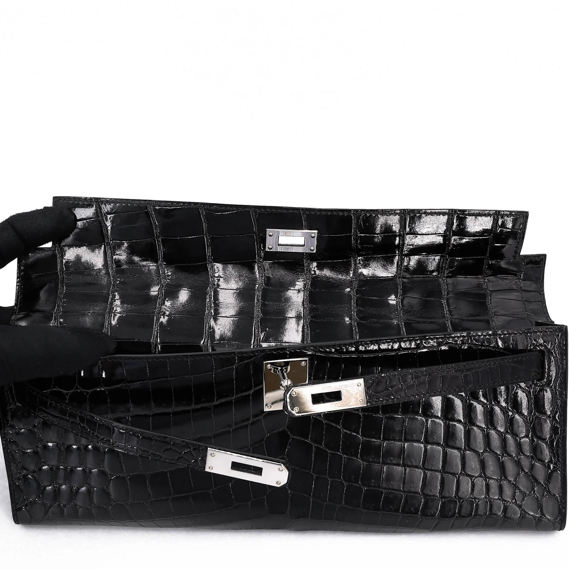 Very Good ( Rank A) HERMÈS Kelly Cut Noir (89) Shiny Niloticus Crocodile Palladium hardware Square P (2012) - 19