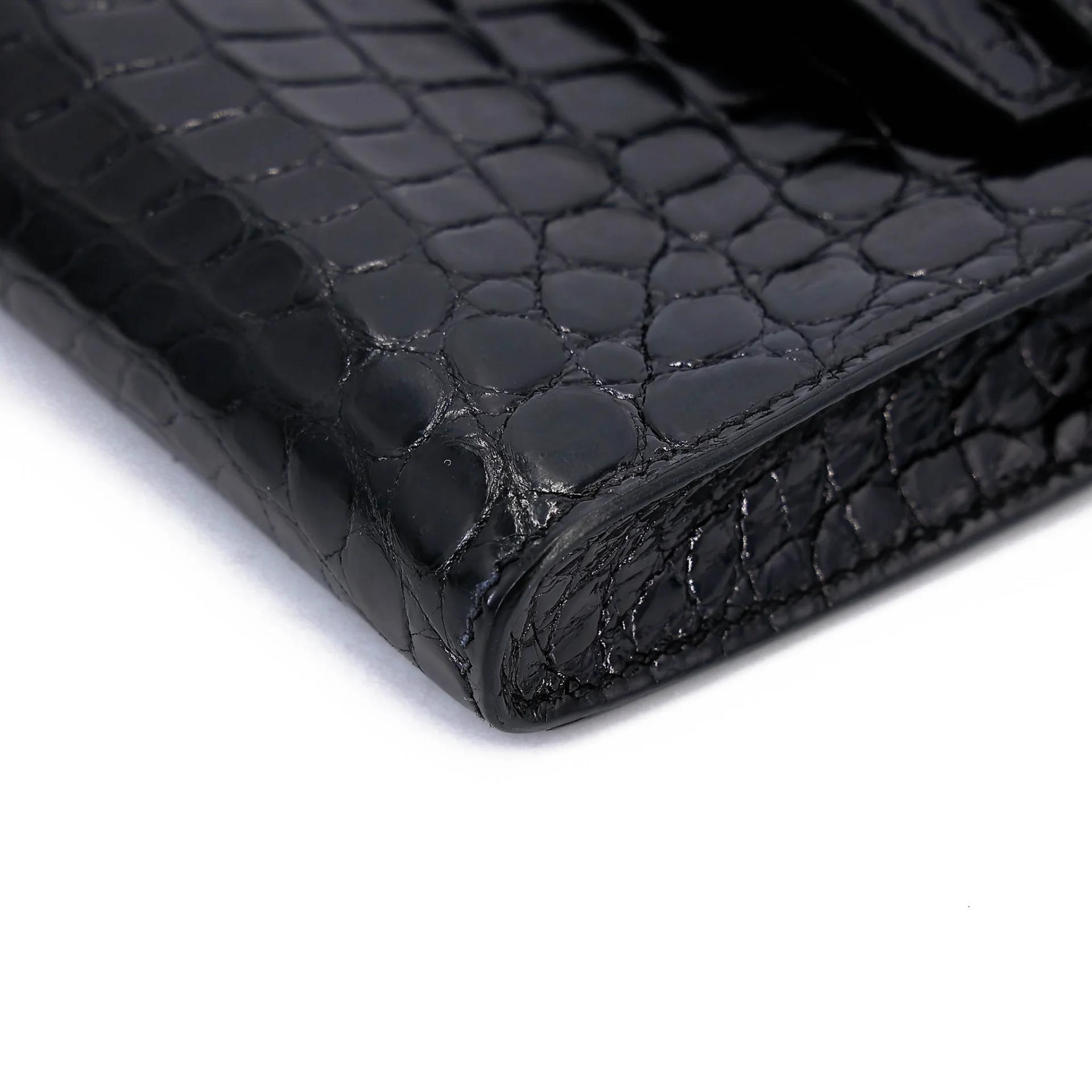 Very Good ( Rank A) HERMÈS Kelly Cut Noir (89) Shiny Niloticus Crocodile Palladium hardware Square P (2012) - 12