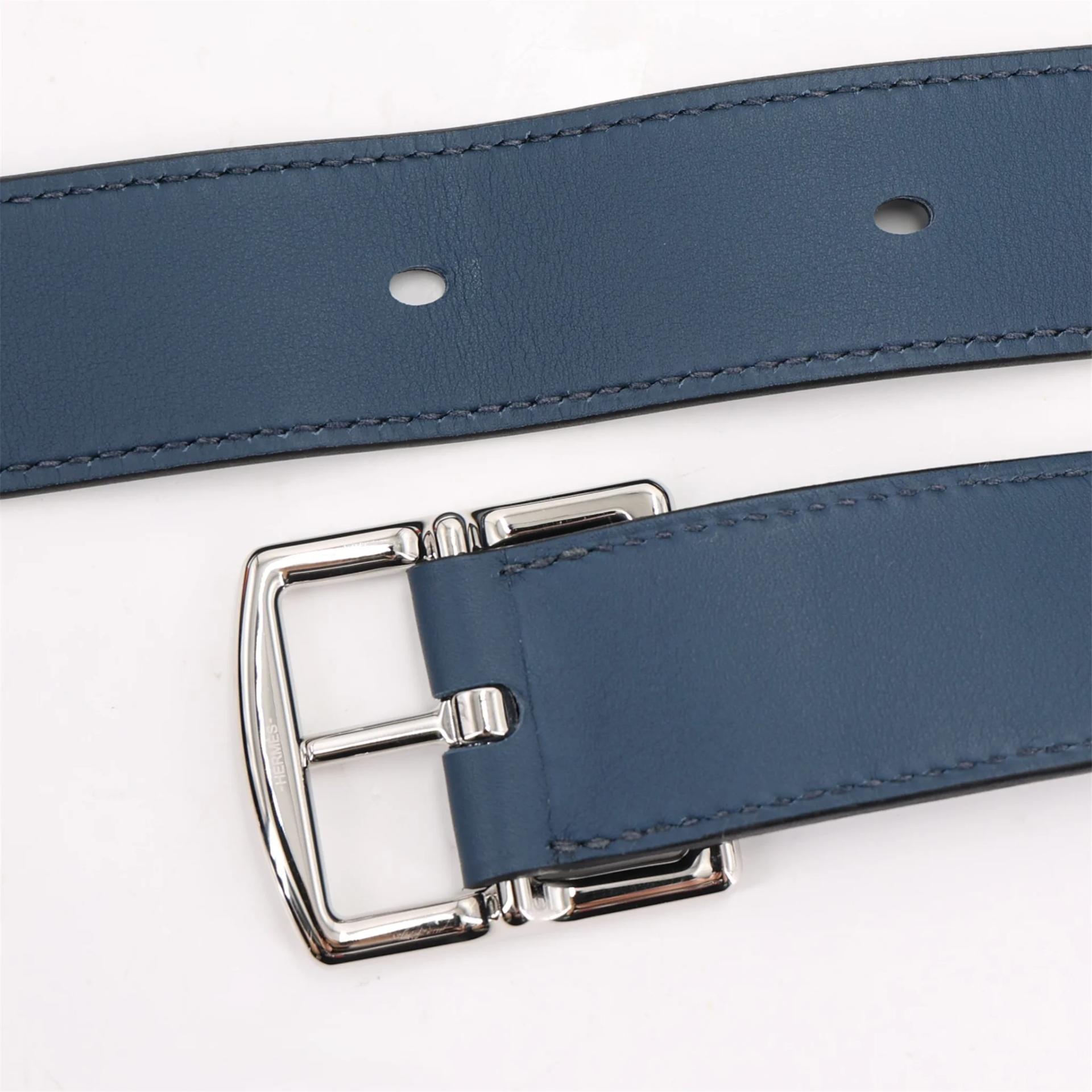 全新 HERMÈS 爱马仕 Banasilk 腰包 7P 普鲁士蓝 Bleu De Prusse Swift牛皮 silk 丝绸 银扣 - 9