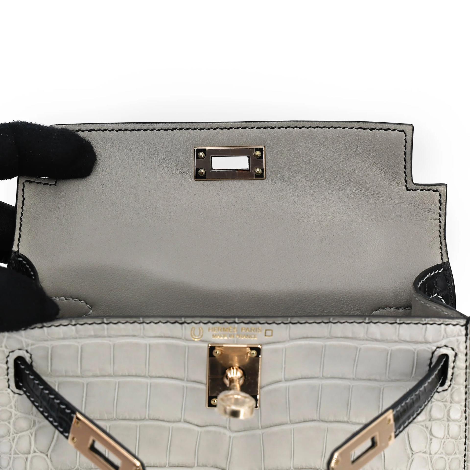 Unused ( Rank NS ) HERMÈS Special Order Mini Kelly II HSS Gris Perle (80) Noir (89) Matte Alligator Permabrass hardware B (2023) - 12