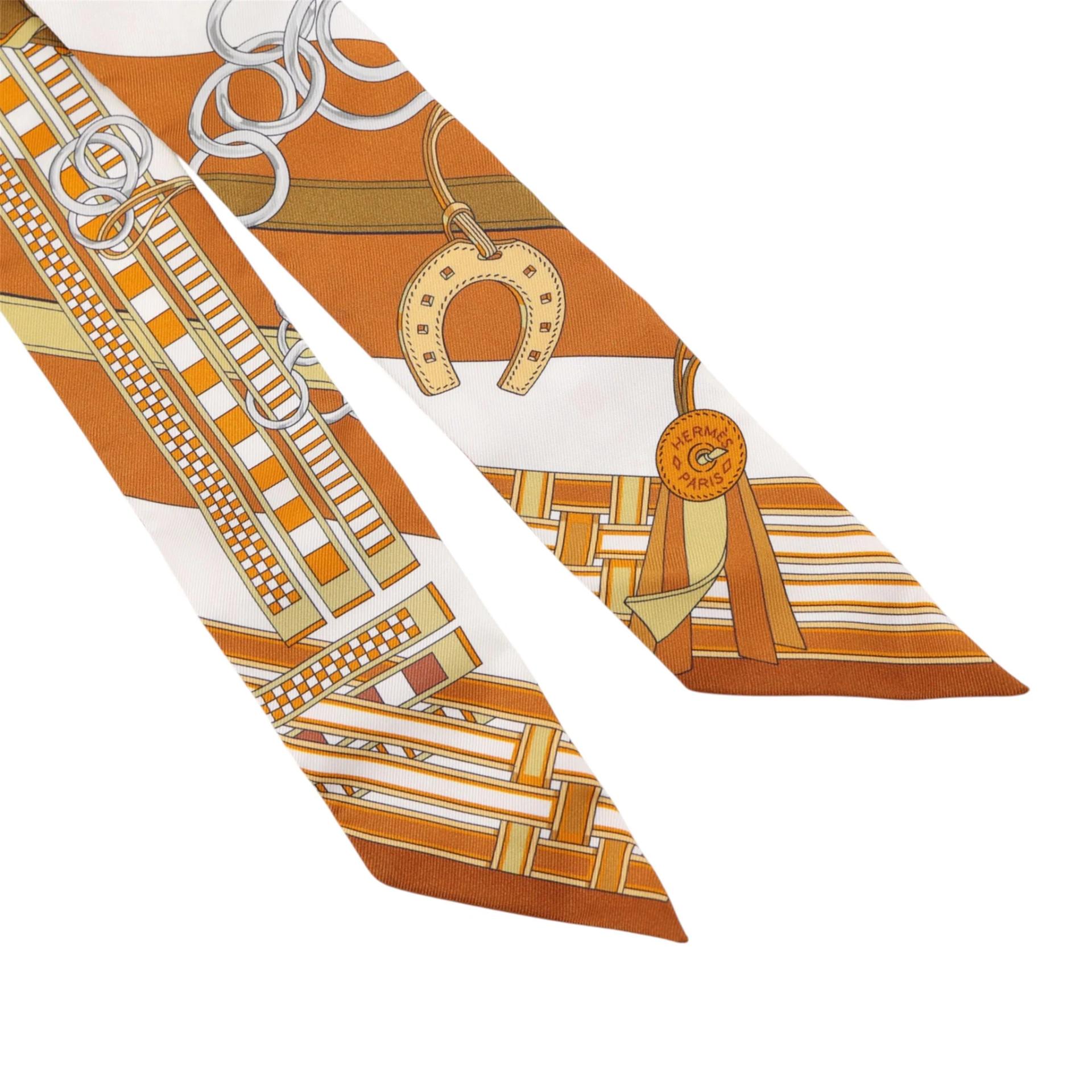 ランク N 新品 HERMÈS エルメス ツイリー 馬勒とチャーム ブラウン ホワイト シルク - 4