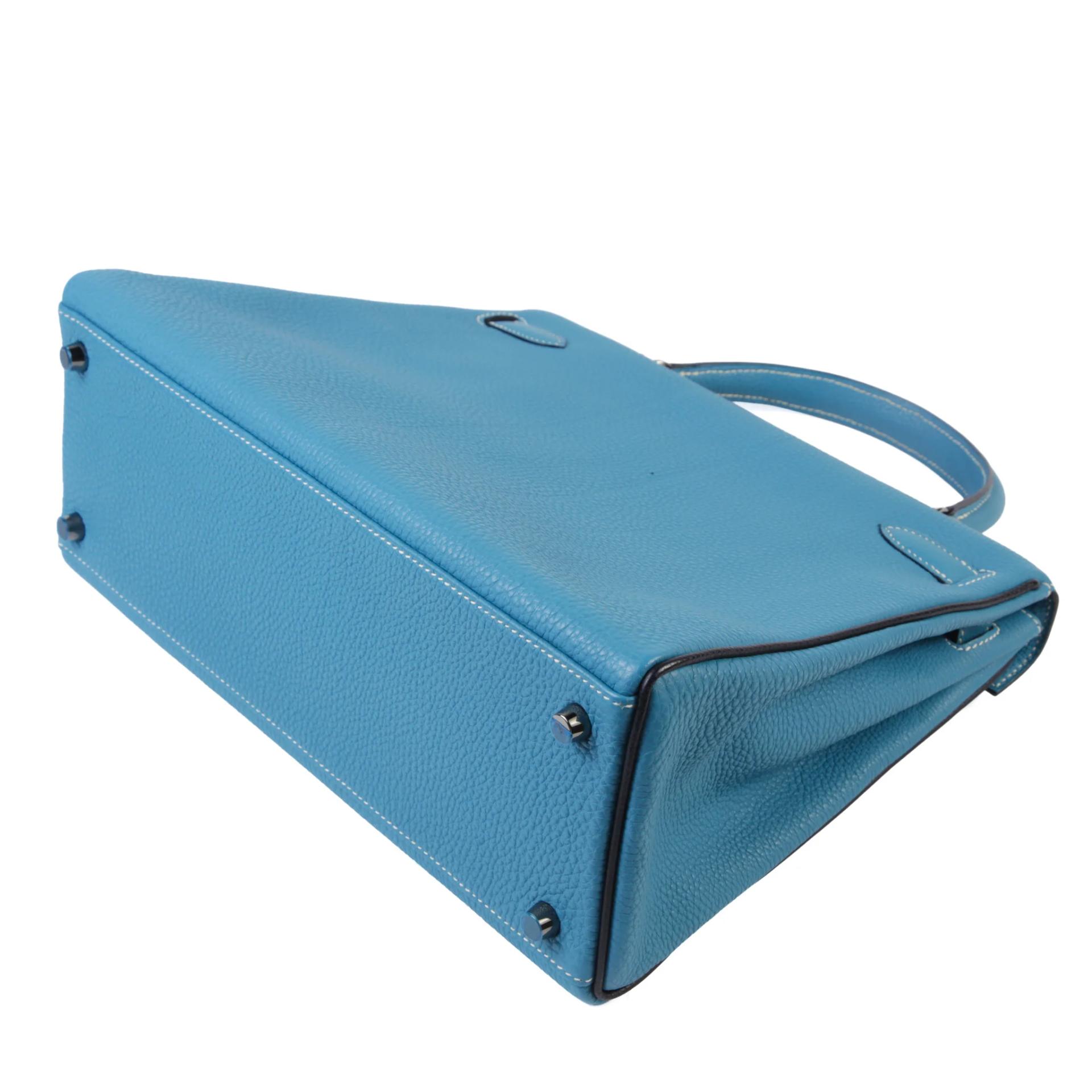 Excellent ( Rank SA ) HERMÈS Kelly 32 Verso Bleu Jean (75) Noir (89) Togo Ruthenium hardware Square J (2006) - 7