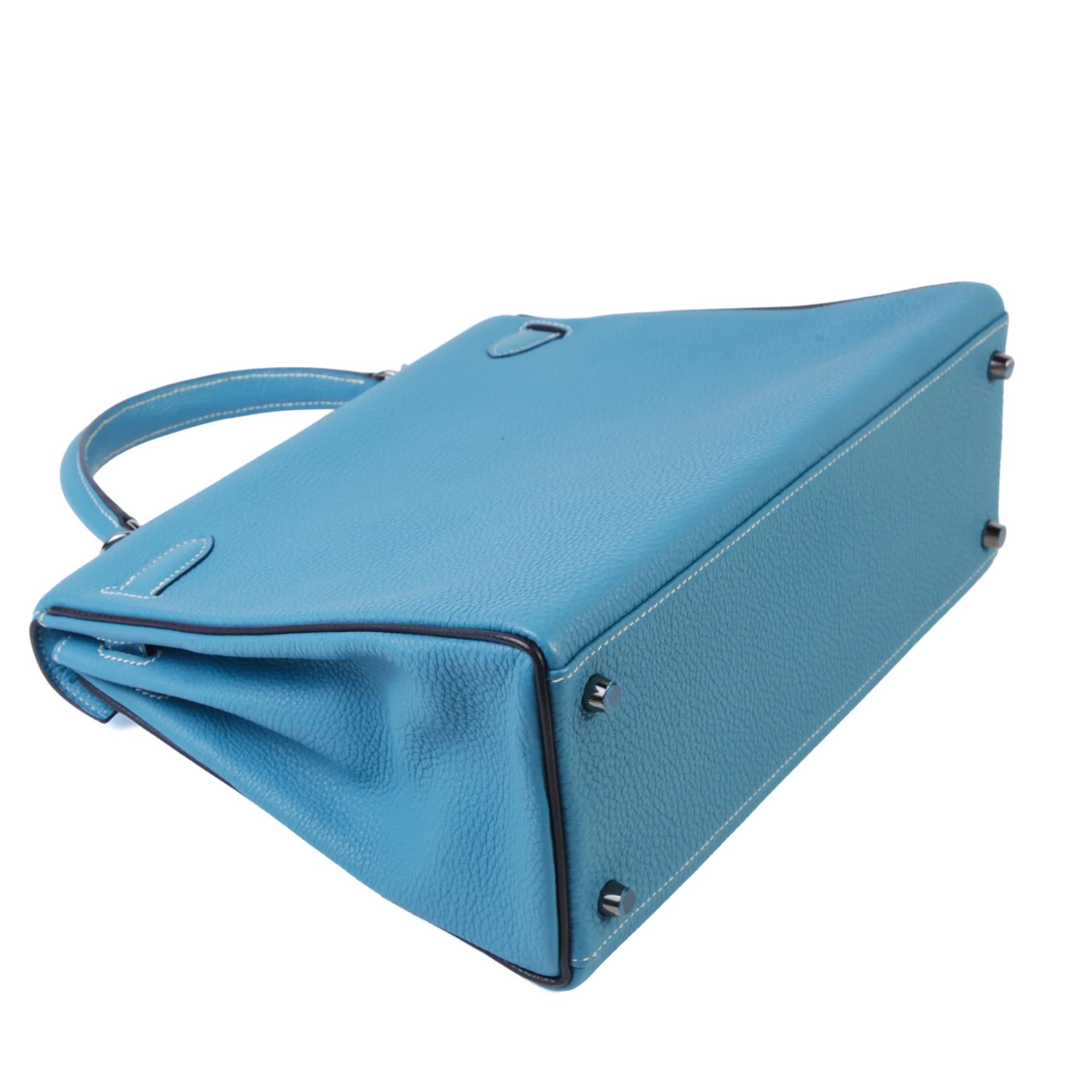 Excellent ( Rank SA ) HERMÈS Kelly 32 Verso Bleu Jean (75) Noir (89) Togo Ruthenium hardware Square J (2006) - 6