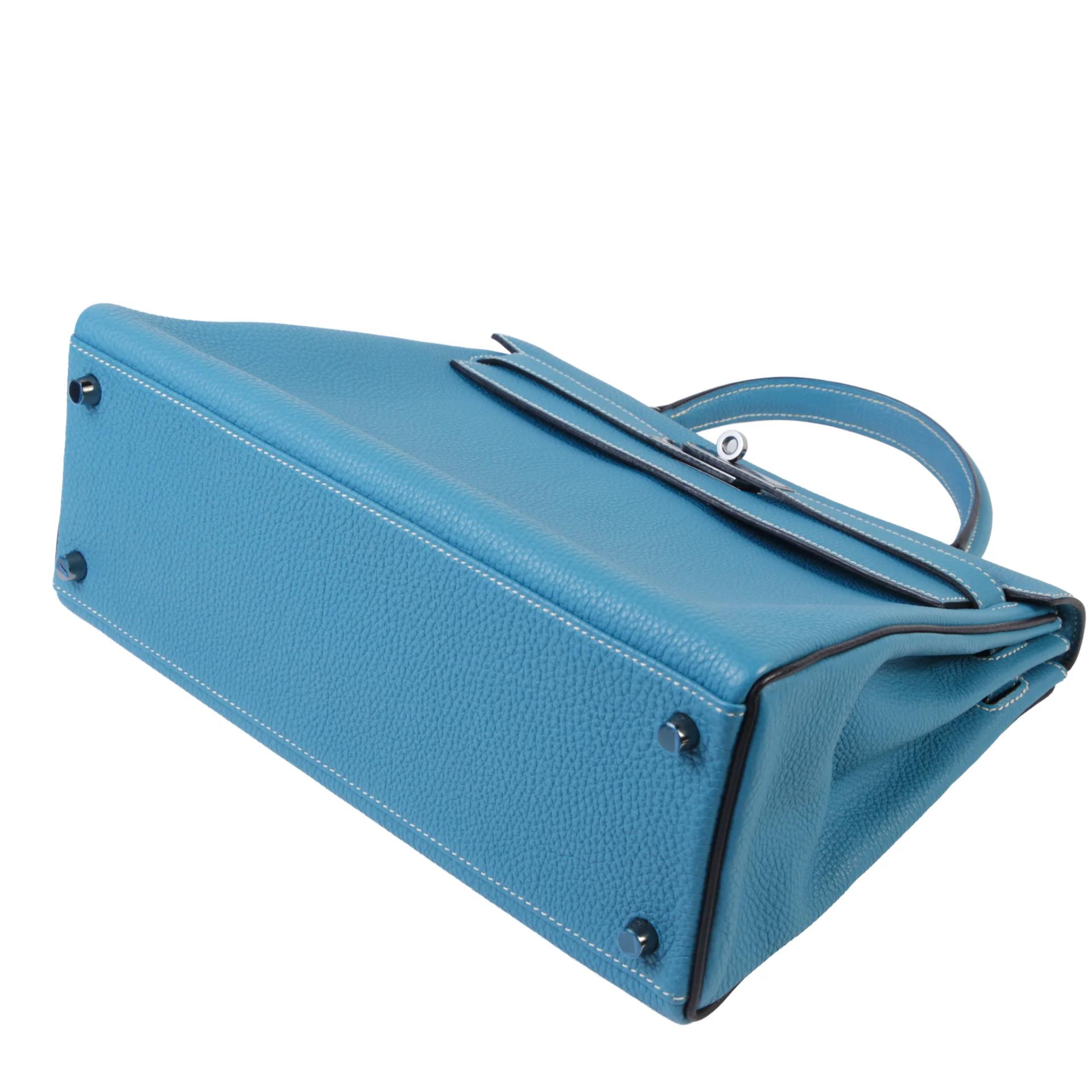 Excellent ( Rank SA ) HERMÈS Kelly 32 Verso Bleu Jean (75) Noir (89) Togo Ruthenium hardware Square J (2006) - 5