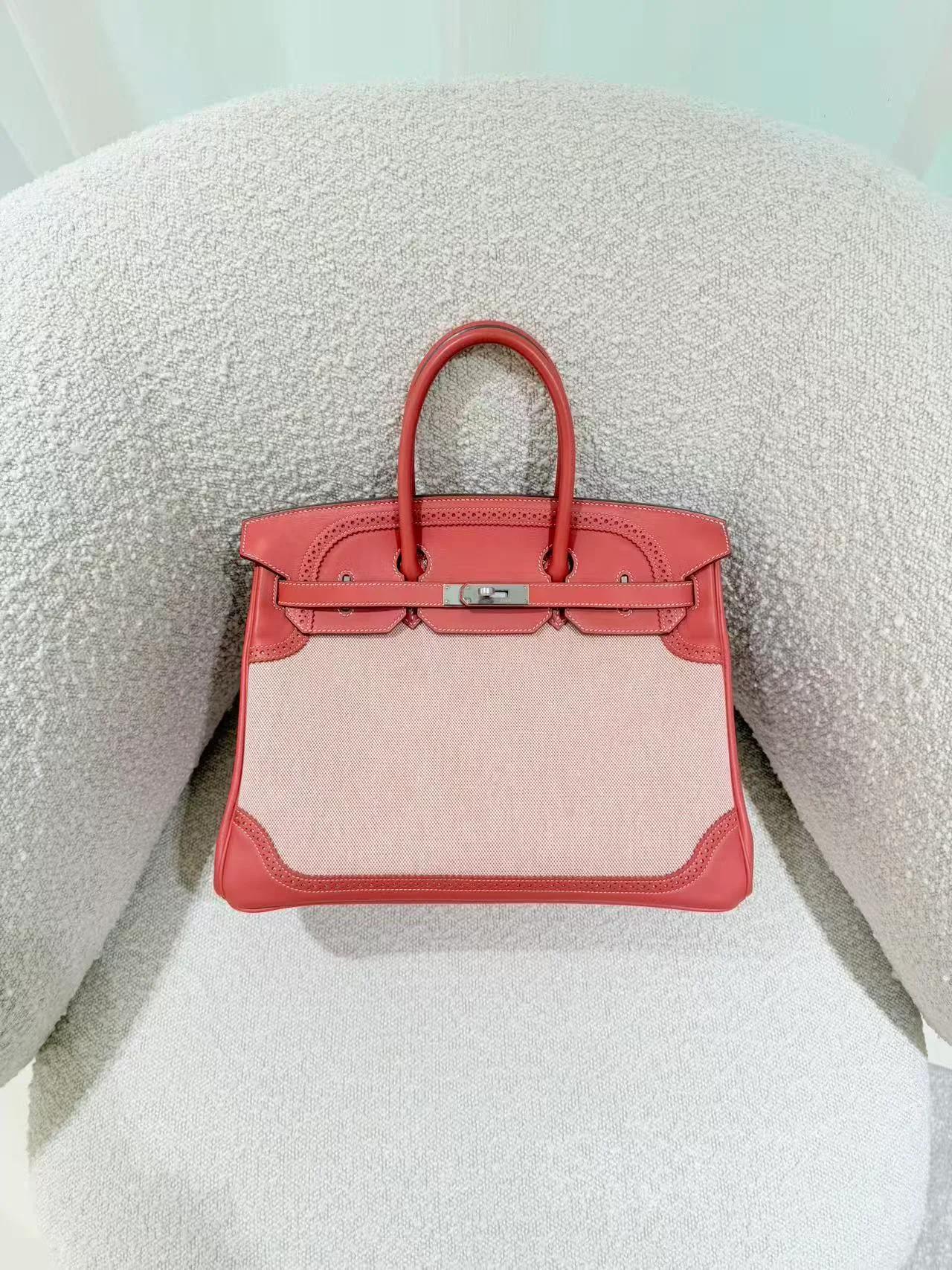 Excellent ( Rank SA ) HERMÈS Birkin Ghillies 35 Sanguine (9M) Swift Toile H canvas Palladium hardware Square Q (2013) - 3