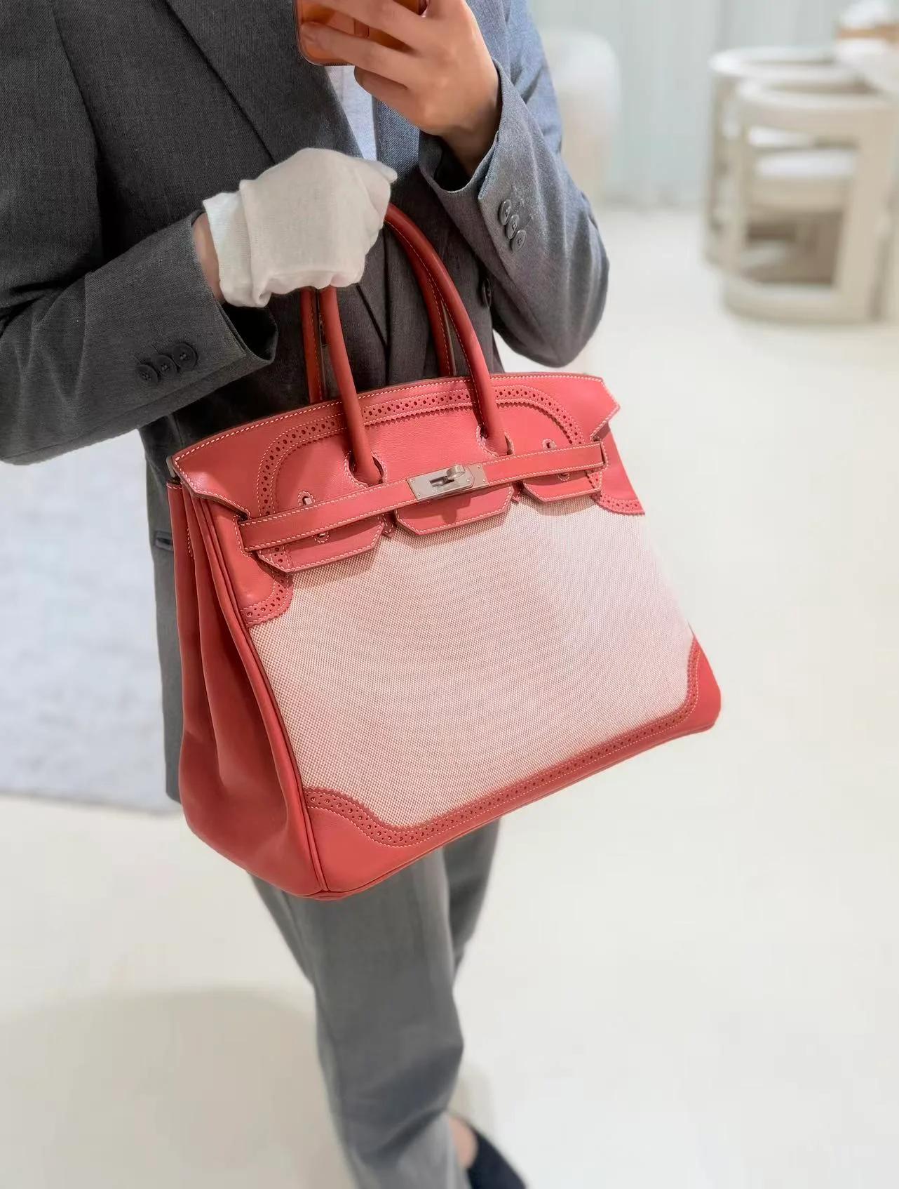 Excellent ( Rank SA ) HERMÈS Birkin Ghillies 35 Sanguine (9M) Swift Toile H canvas Palladium hardware Square Q (2013) - 5