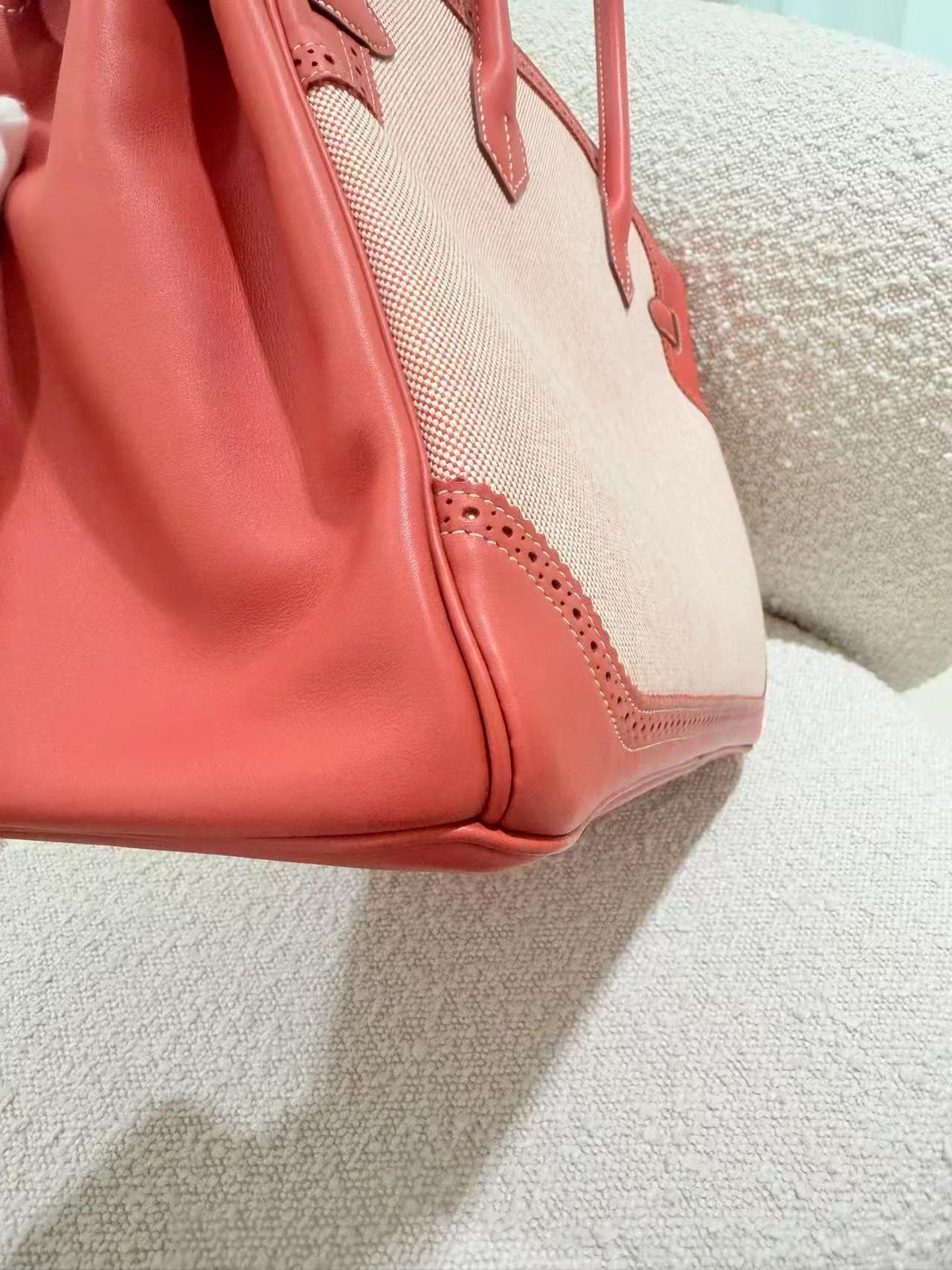Excellent ( Rank SA ) HERMÈS Birkin Ghillies 35 Sanguine (9M) Swift Toile H canvas Palladium hardware Square Q (2013) - 11