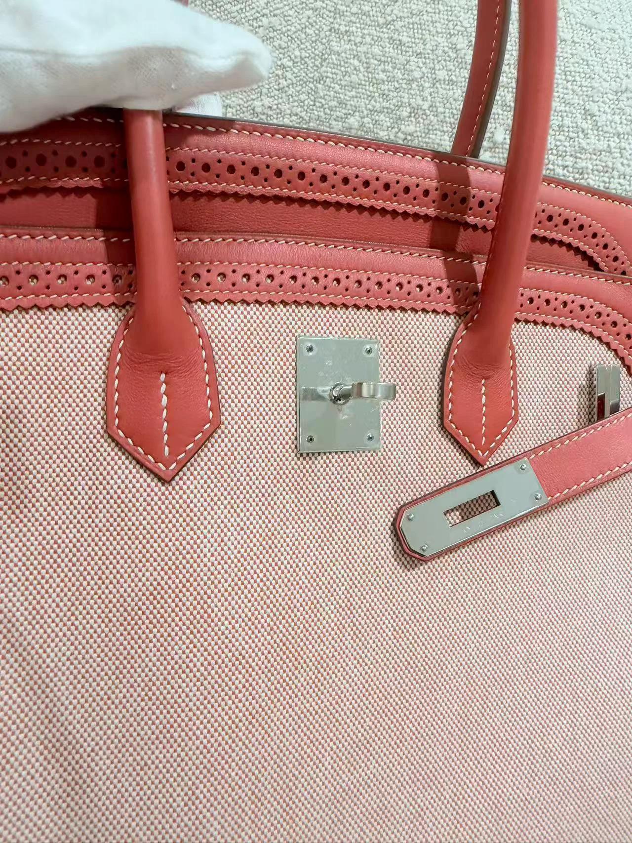 Excellent ( Rank SA ) HERMÈS Birkin Ghillies 35 Sanguine (9M) Swift Toile H canvas Palladium hardware Square Q (2013) - 21