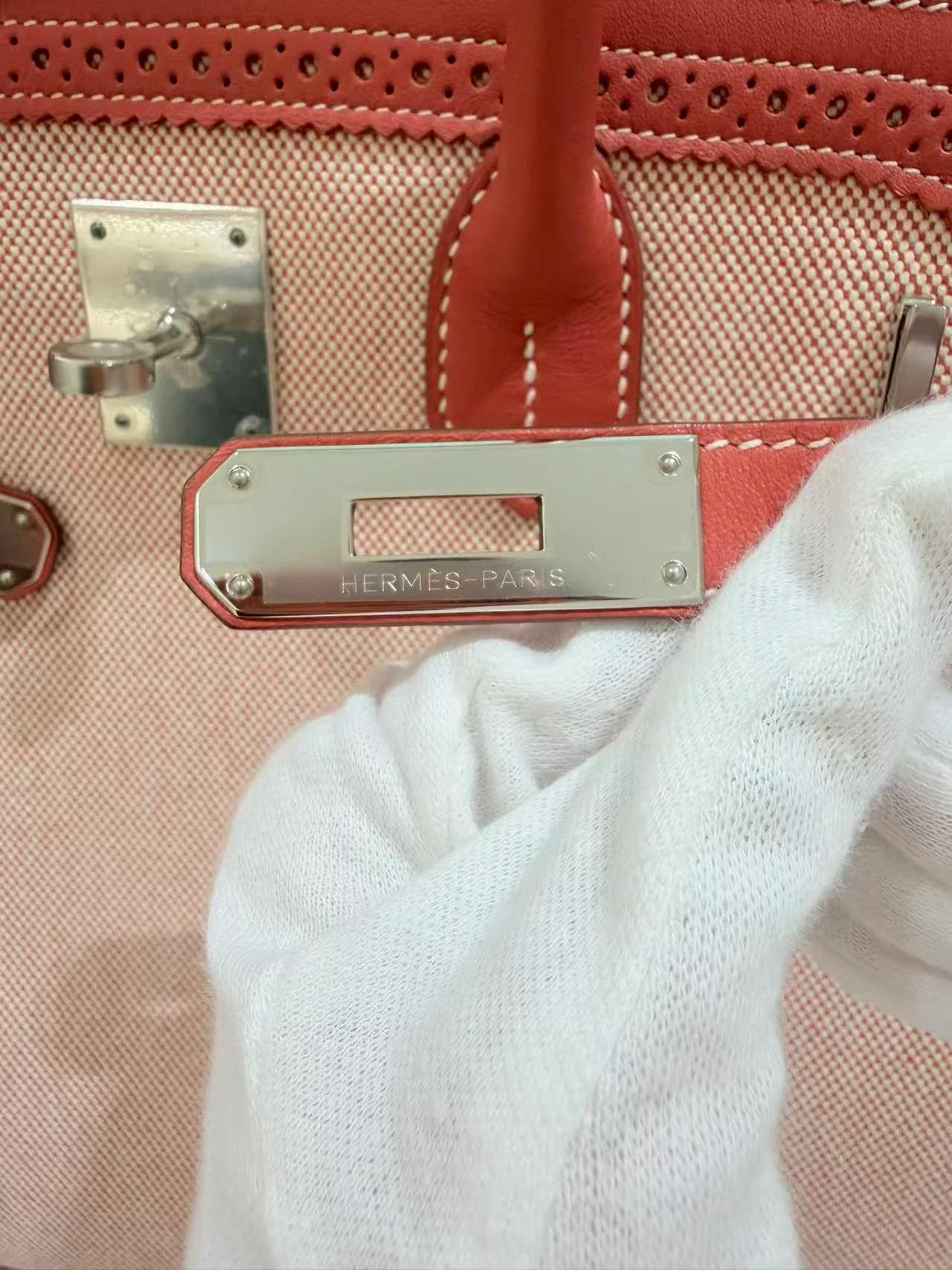 Excellent ( Rank SA ) HERMÈS Birkin Ghillies 35 Sanguine (9M) Swift Toile H canvas Palladium hardware Square Q (2013) - 18