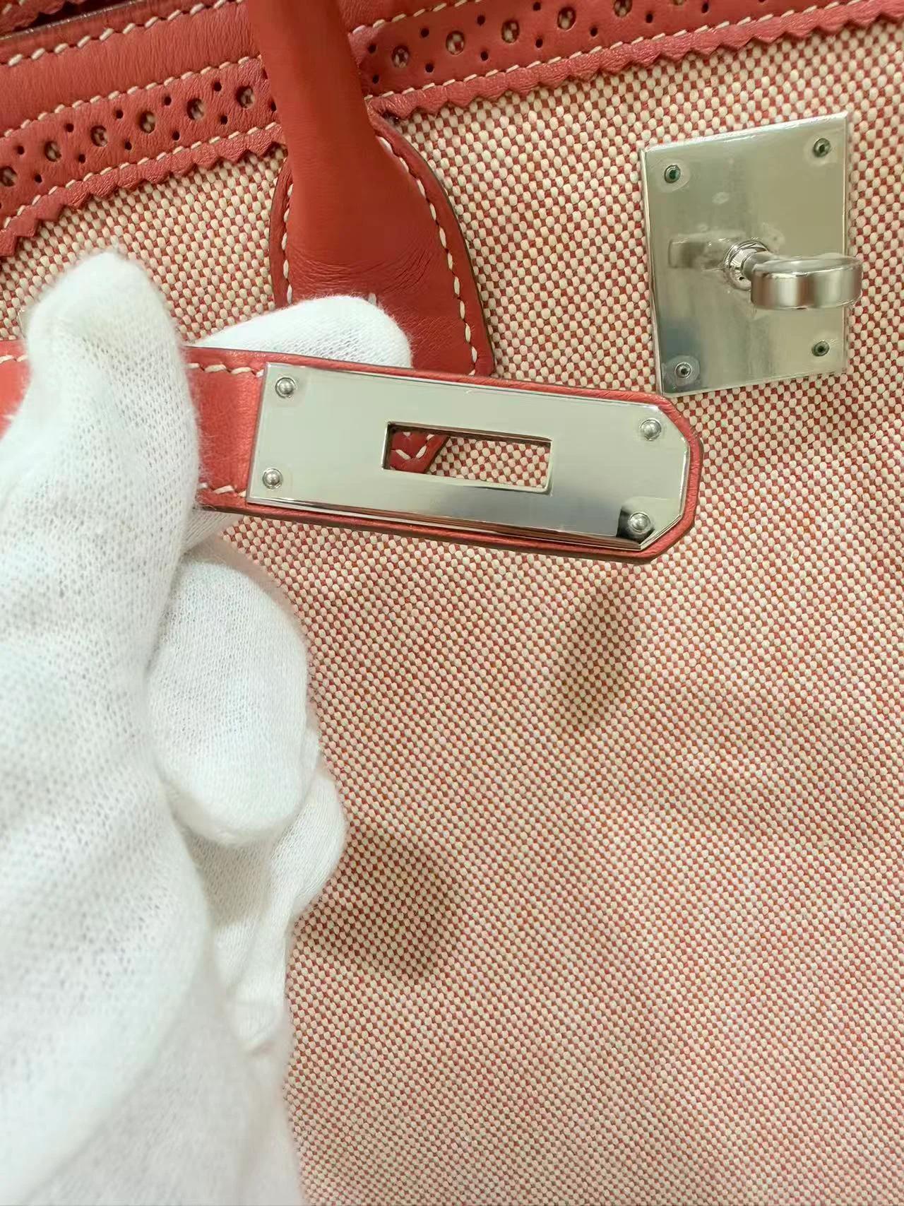 Excellent ( Rank SA ) HERMÈS Birkin Ghillies 35 Sanguine (9M) Swift Toile H canvas Palladium hardware Square Q (2013) - 17