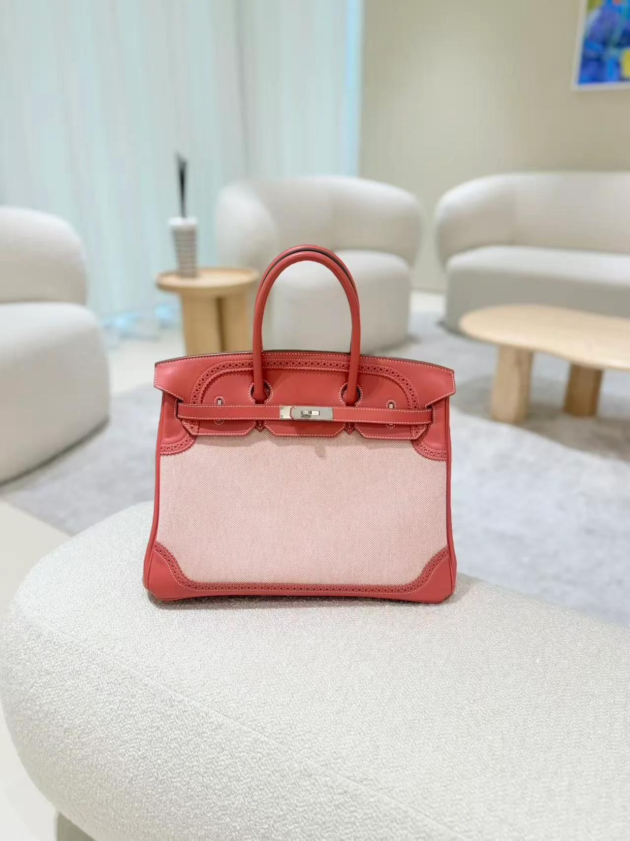 Excellent ( Rank SA ) HERMÈS Birkin Ghillies 35 Sanguine (9M) Swift Toile H canvas Palladium hardware Square Q (2013) - 4
