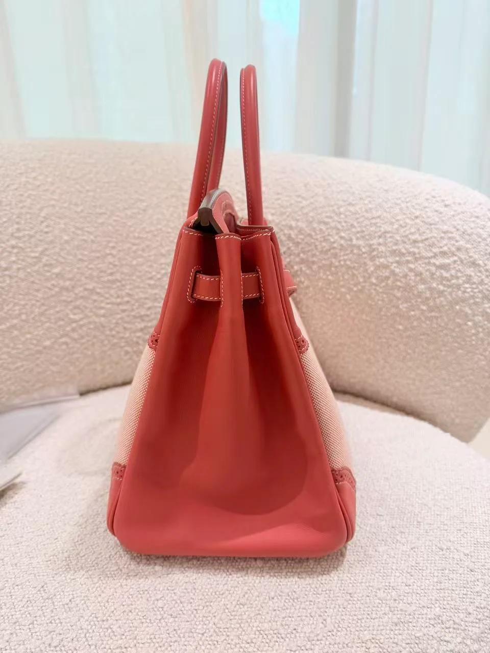 Excellent ( Rank SA ) HERMÈS Birkin Ghillies 35 Sanguine (9M) Swift Toile H canvas Palladium hardware Square Q (2013) - 13