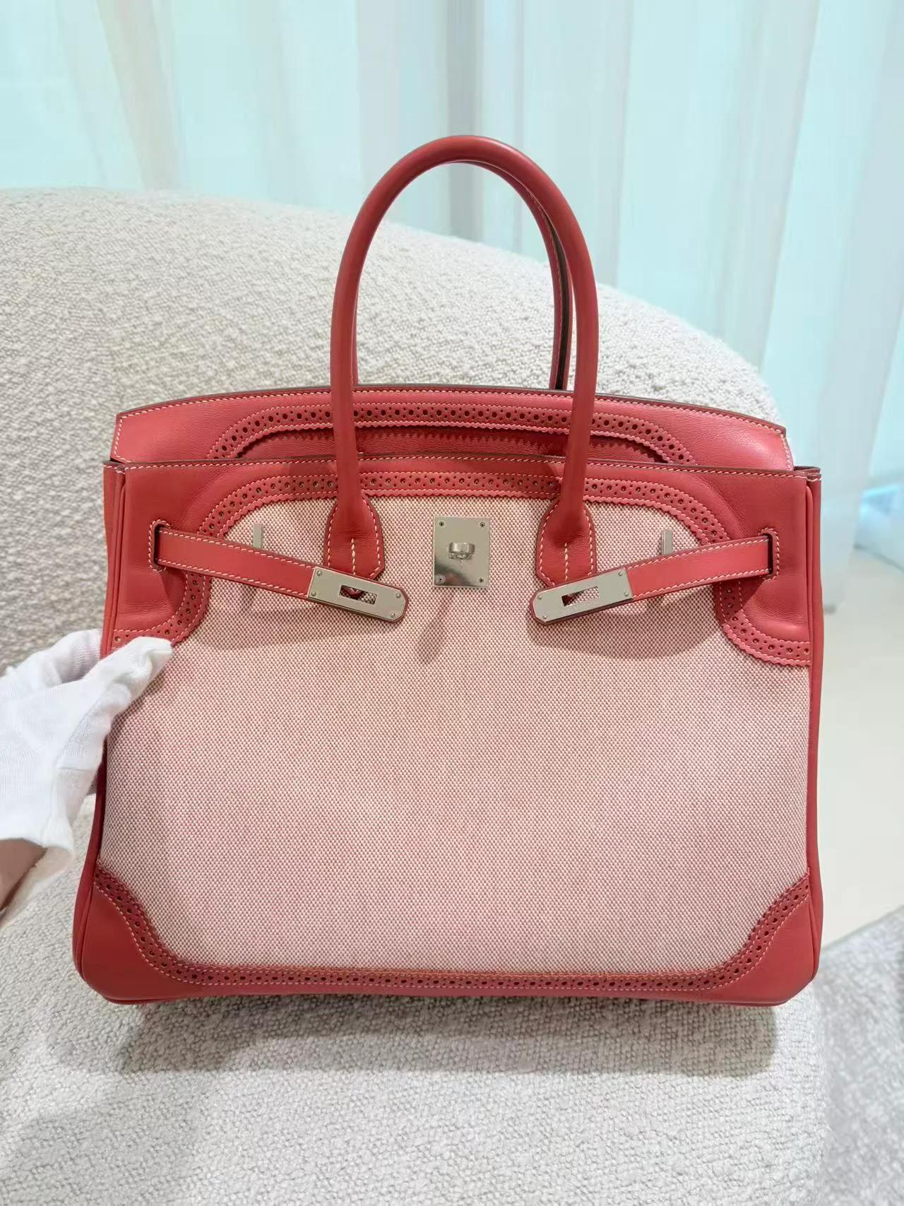 Excellent ( Rank SA ) HERMÈS Birkin Ghillies 35 Sanguine (9M) Swift Toile H canvas Palladium hardware Square Q (2013) - 6