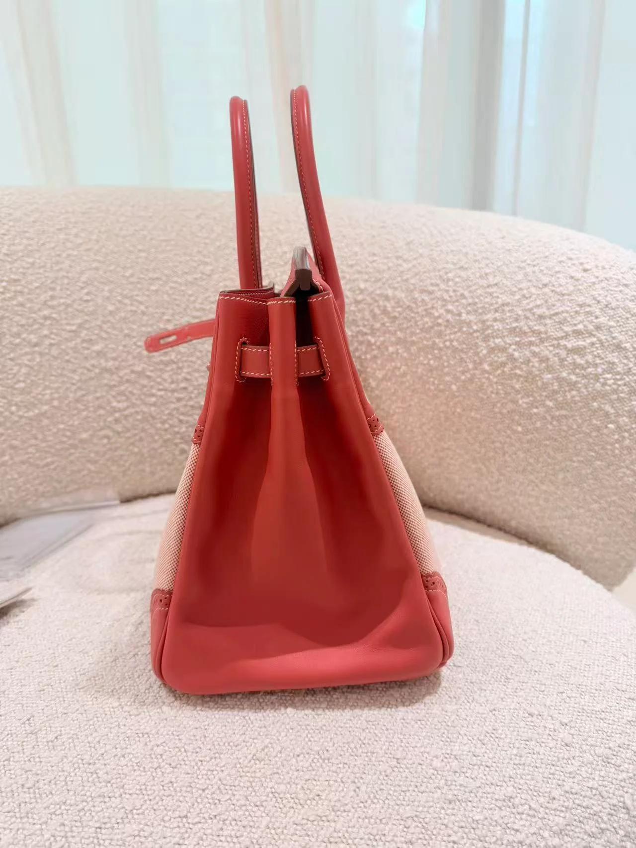 Excellent ( Rank SA ) HERMÈS Birkin Ghillies 35 Sanguine (9M) Swift Toile H canvas Palladium hardware Square Q (2013) - 12