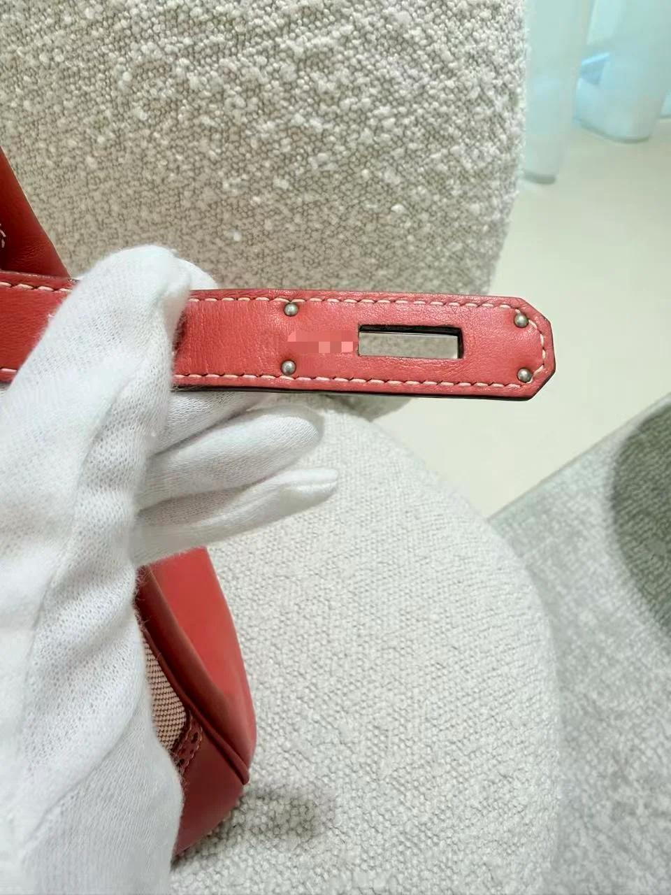 Excellent ( Rank SA ) HERMÈS Birkin Ghillies 35 Sanguine (9M) Swift Toile H canvas Palladium hardware Square Q (2013) - 19